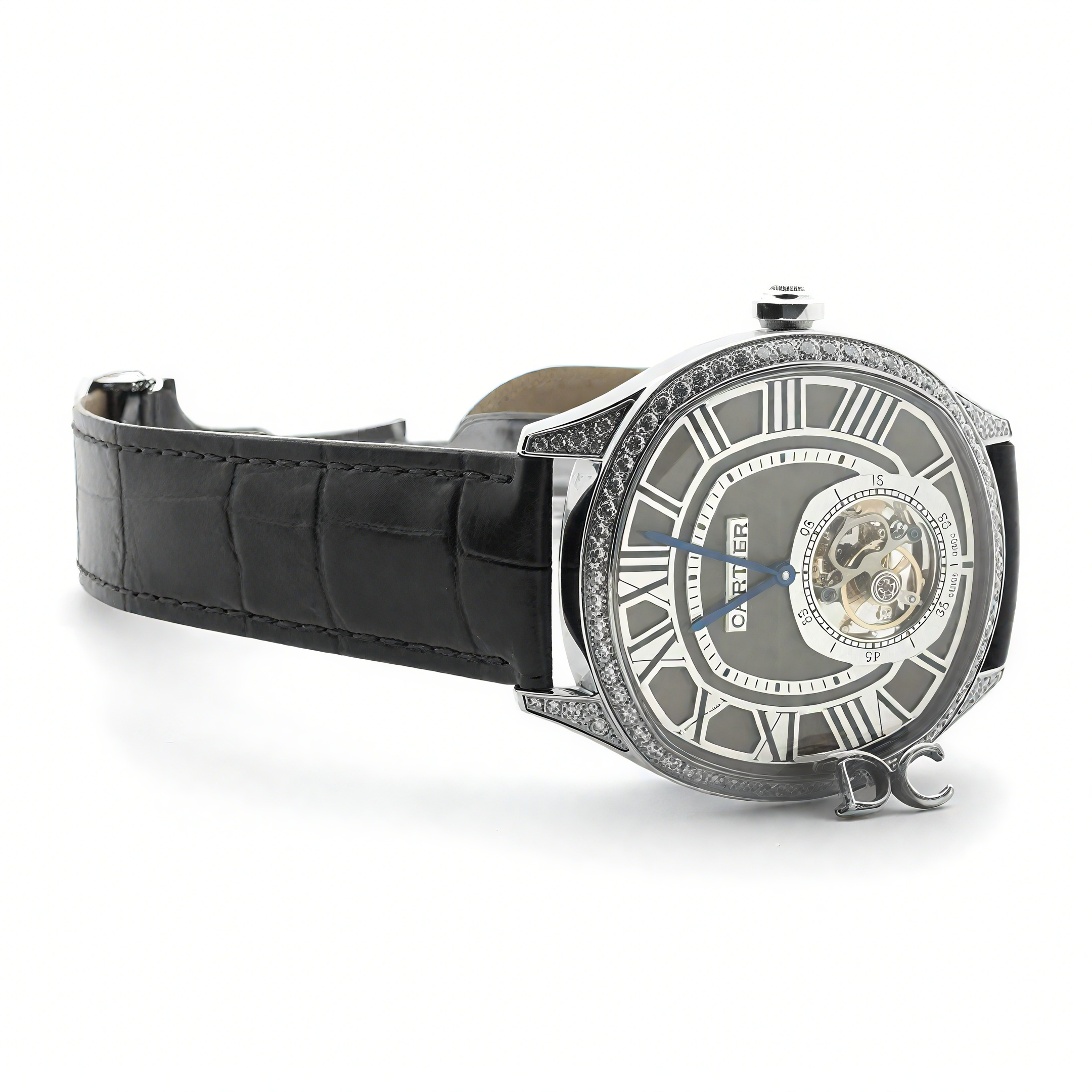 Cartier Drive de Cartier Tourbillon Grey Dial with Diamond Bezel in White Gold on Black Leather Strap-fasswatch