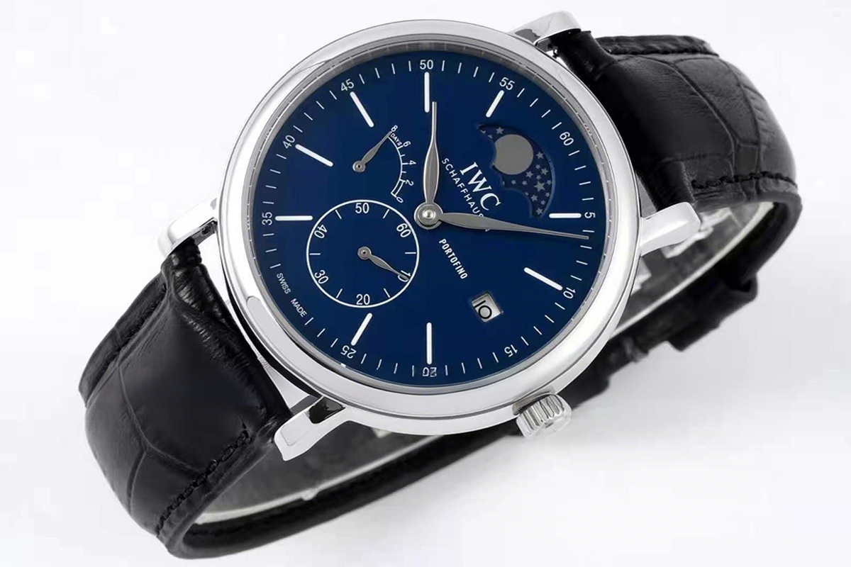 IWC Portofino Hand Wound Moon Phrase IW516405 Blue Dial in Steel-fasswatch