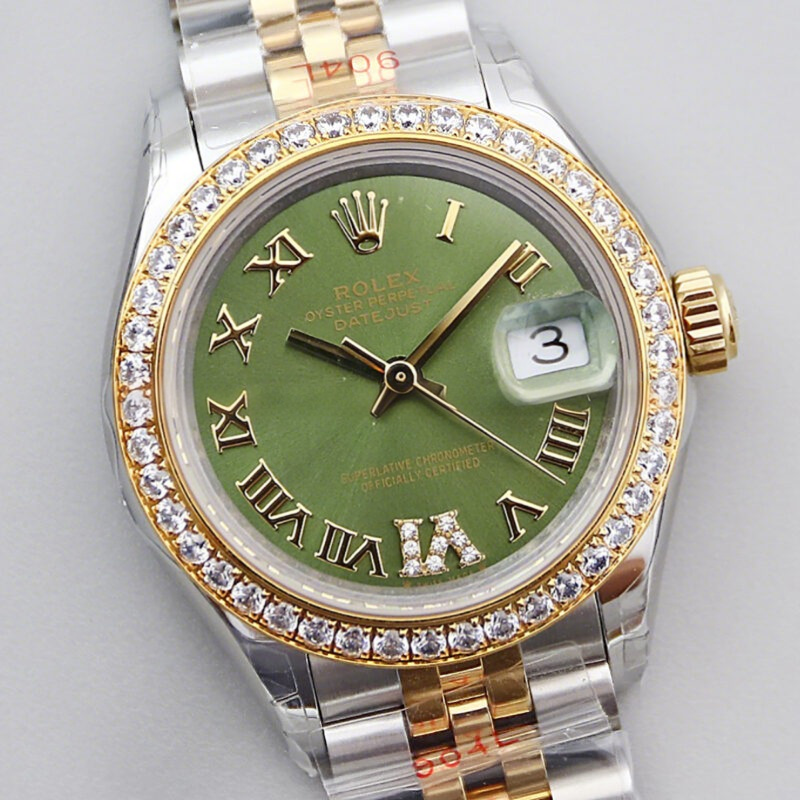 Rolex Ladies Datejust 279383RBR Green Dial with Diamond Bezel in Yellow Gold/Steel-fasswatch