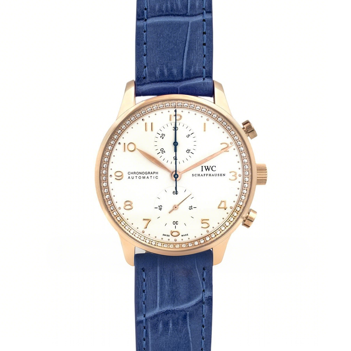 IWC Portugieser Chronograph Automatic White Dial in Rose Gold on Blue Leather Strap-fasswatch