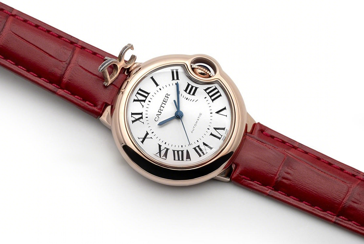 Cartier Ballon Bleu De Cartier 36mm White Dial in Pink Gold on Red Leather Strap-fasswatch
