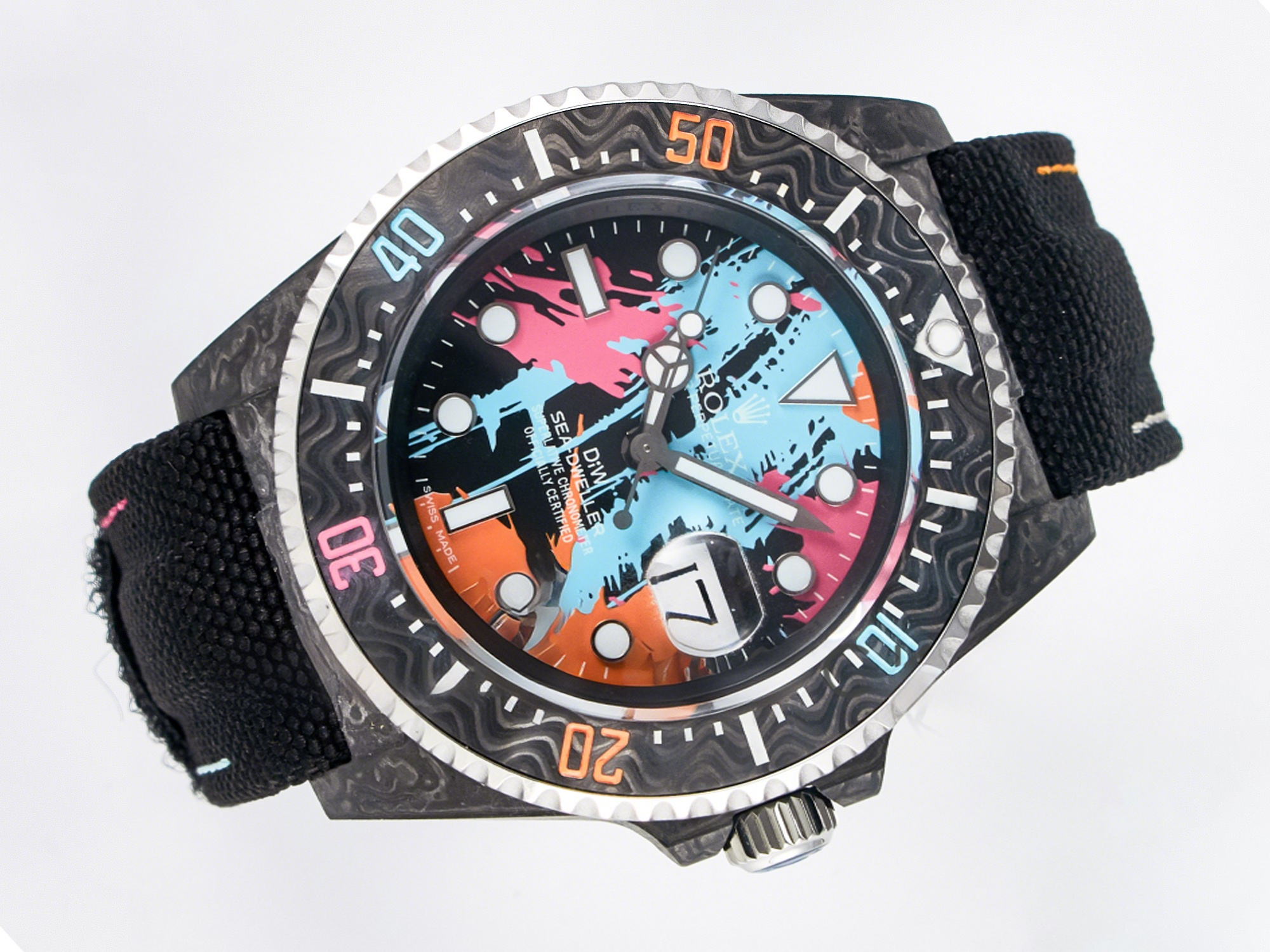 Rolex Sea Dweller 43mm Carbon DIWF Best Edition Graffiti Dial on Black Nylon Strap A2824-fasswatch