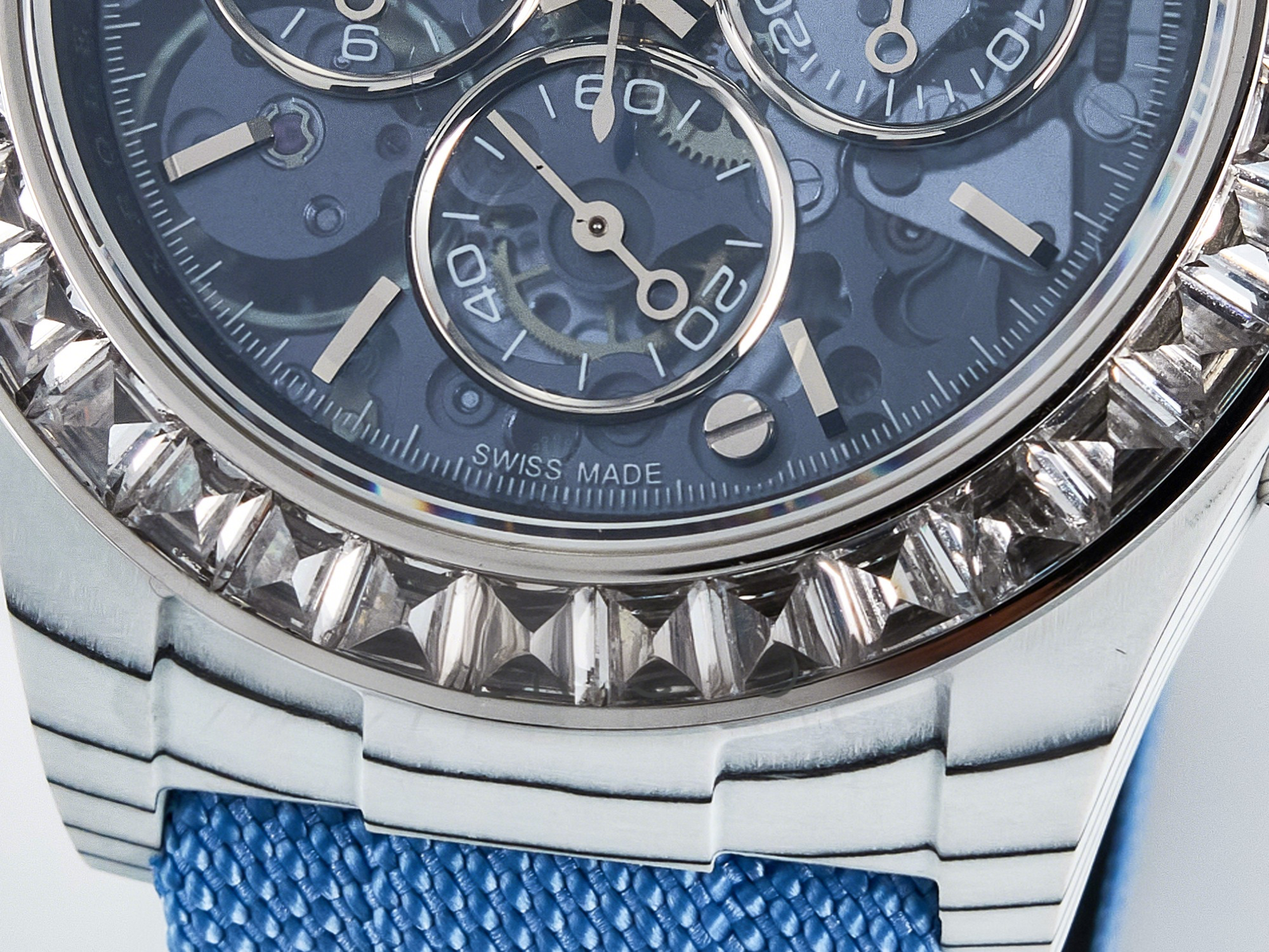 Rolex Daytona ZIF REMOULD White Carbon GETF Best Edition Blue Skeleton Dial Diamonds Bezel on Blue Nylon Strap DD4802-fasswatch