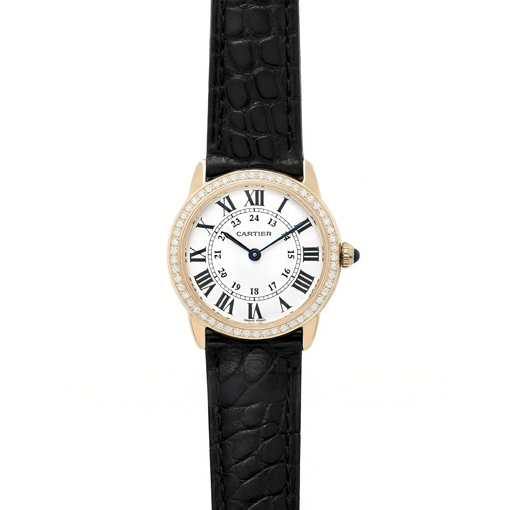 Cartier Ronde Louis Cartier Watch 29mm White Dial in Yellow Gold on Black Leather Strap-fasswatch