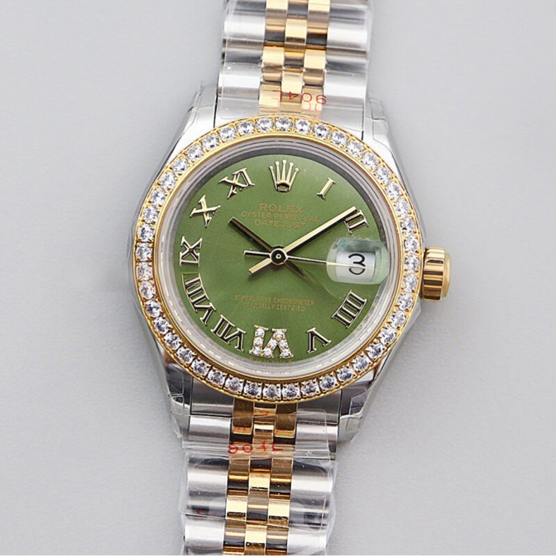 Rolex Ladies Datejust 279383RBR Green Dial with Diamond Bezel in Yellow Gold/Steel-fasswatch