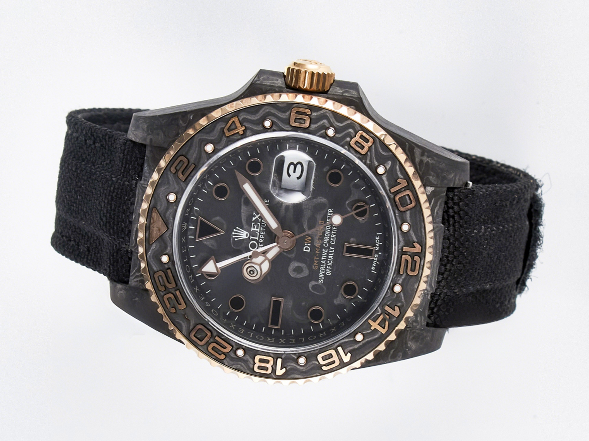 Rolex GMT Carbon DIWF Best Edition Black Carbon Dial RG Markers on Black Nylon Strap SA3186 CHS-fasswatch