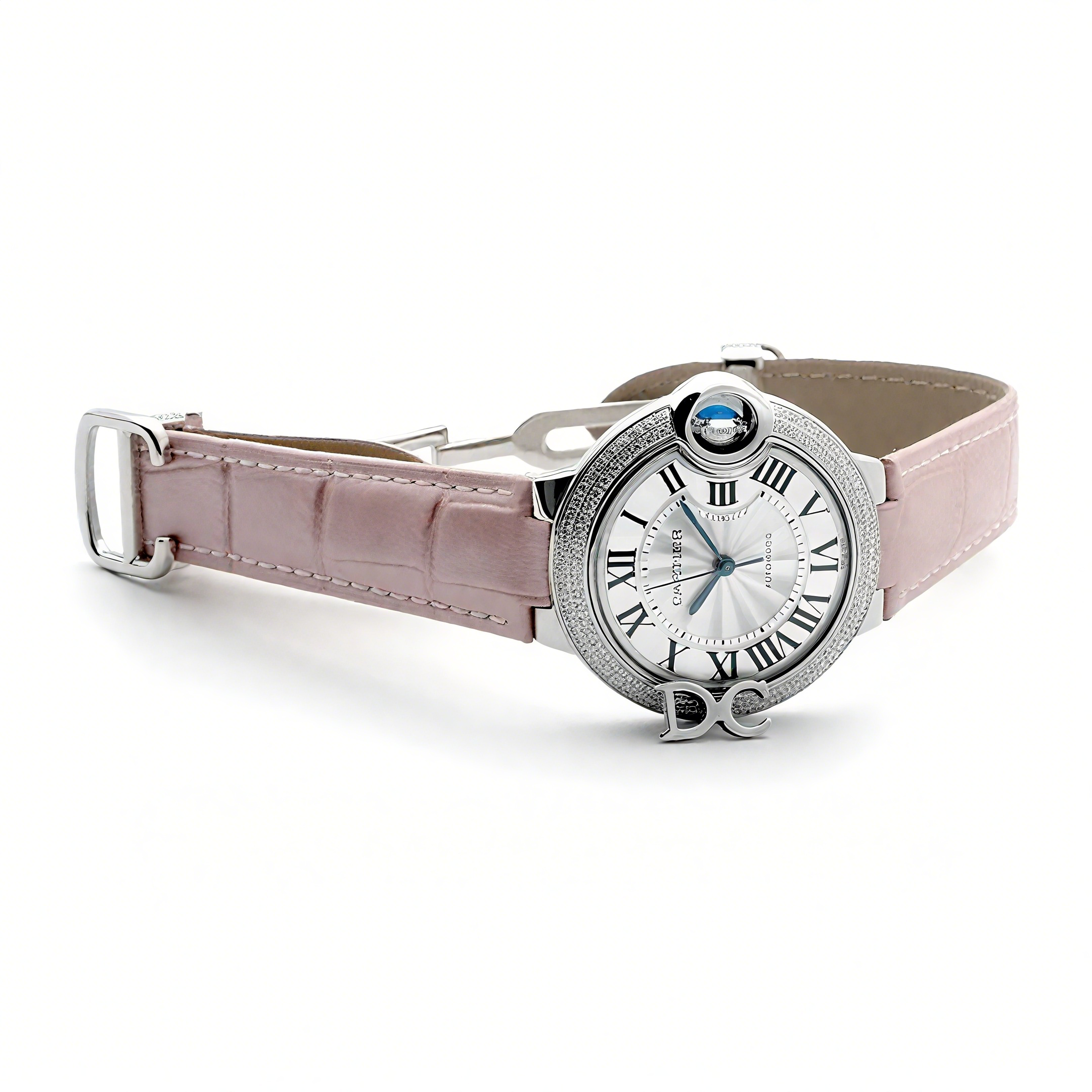 Cartier Ballon Bleu De Cartier 36mm Silver Dial with Diamond Bezel in Steel on Pink Leather Strap-fasswatch