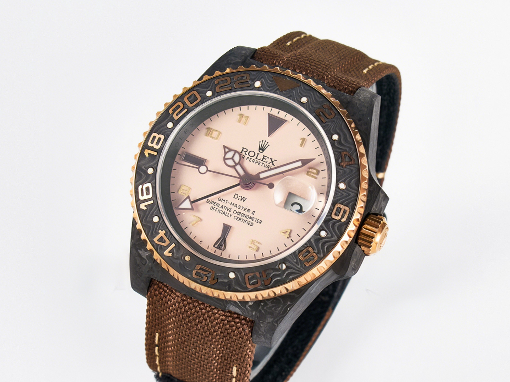 Rolex GMT Carbon DIWF Best Edition Yellow Roman Dial on Brown Nylon Strap SA3285 CHS V2-fasswatch