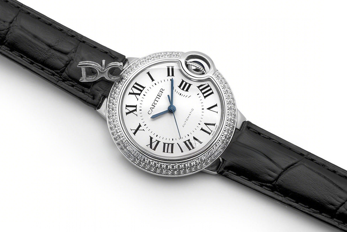 Cartier Ballon Bleu De Cartier 36mm White Dial with Diamond Bezel in Steel on Black Leather Strap-fasswatch