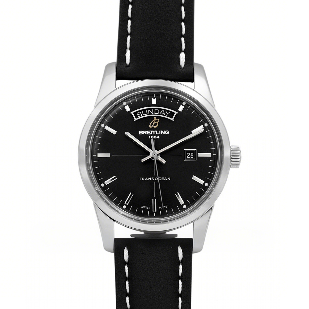 Breitling Transoccean Day & Date Black Dial in Steel on Leather Strap-fasswatch