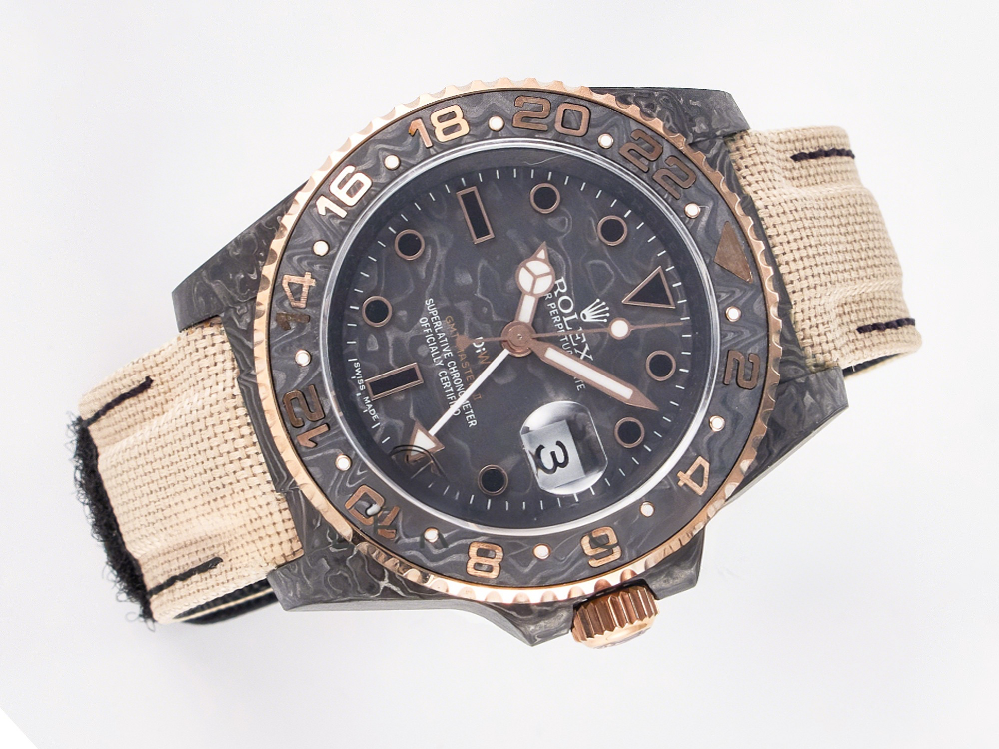 Rolex GMT Carbon DIWF Best Edition Black Carbon Dial RG Markers on Beige Nylon Strap SA3186 CHS-fasswatch