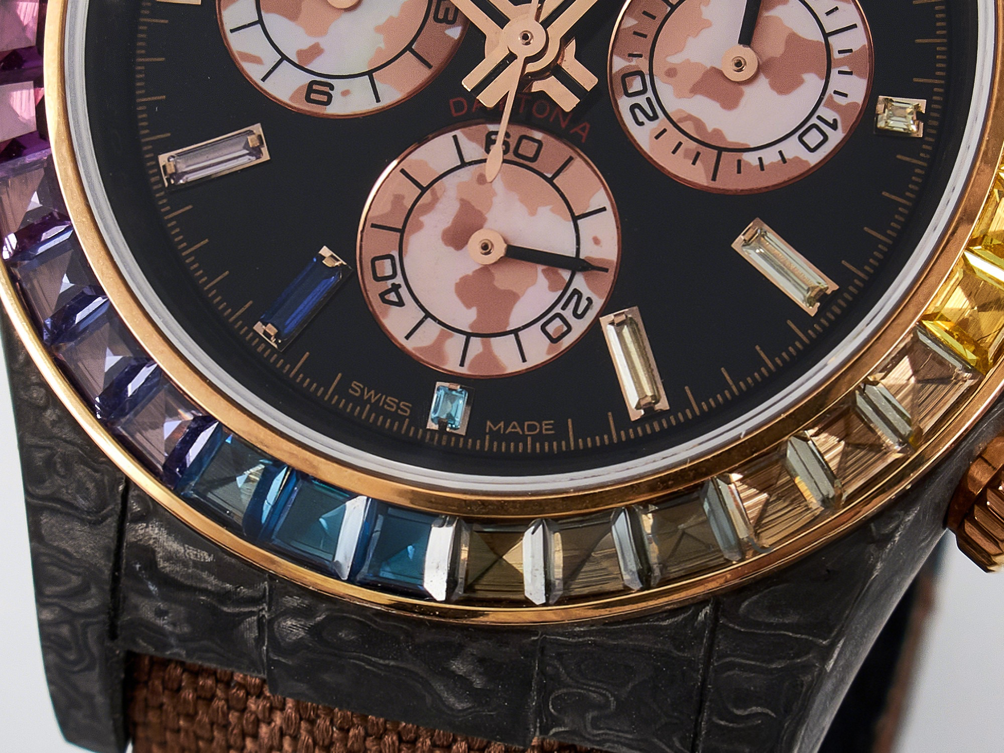 Rolex Daytona DIW Carbon Case DIWF Edition Black Dial Rainbow Diamonds Bezel on Brown Nylon Strap A7750-fasswatch
