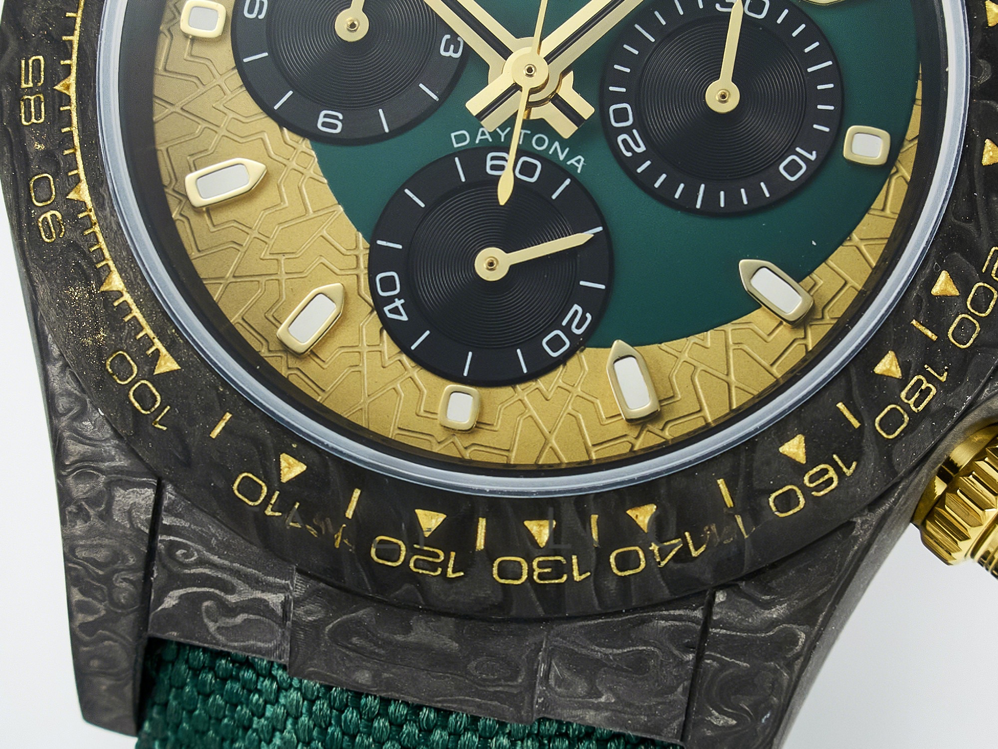 Rolex Daytona DIW Carbon Case and Bezel DIWF Edition Green/YG Dial on Green Nylon Strap A7750-fasswatch