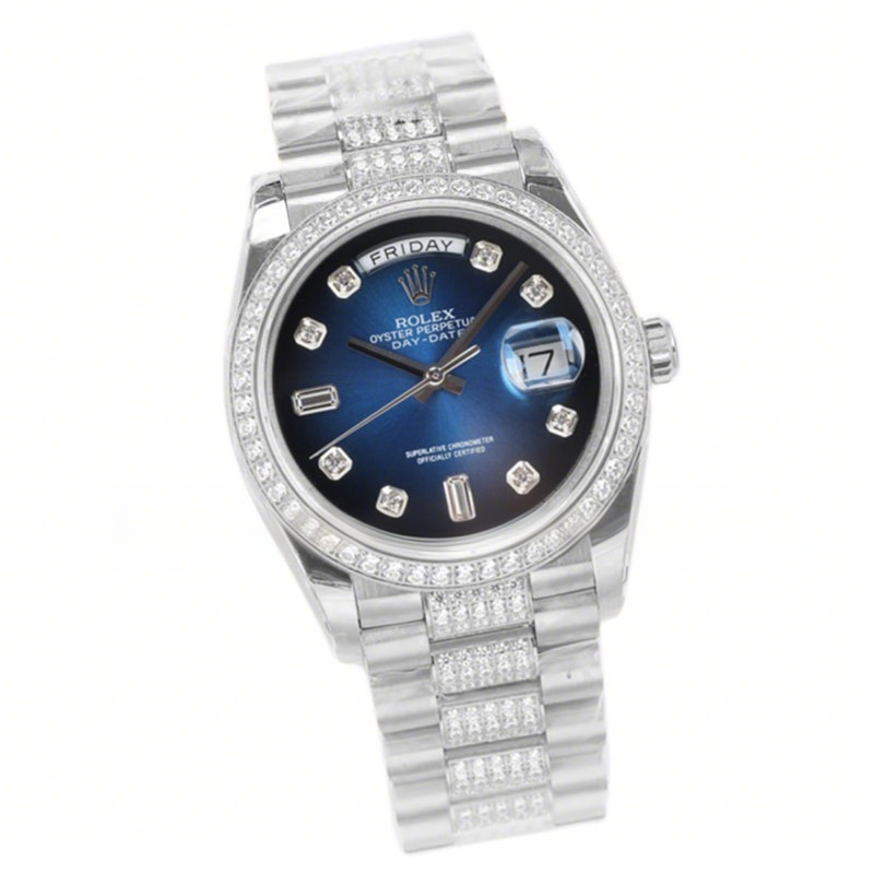 Rolex Day-Date 36 128349RBR Blue Dial with Diamond Bezel in White Gold-fasswatch