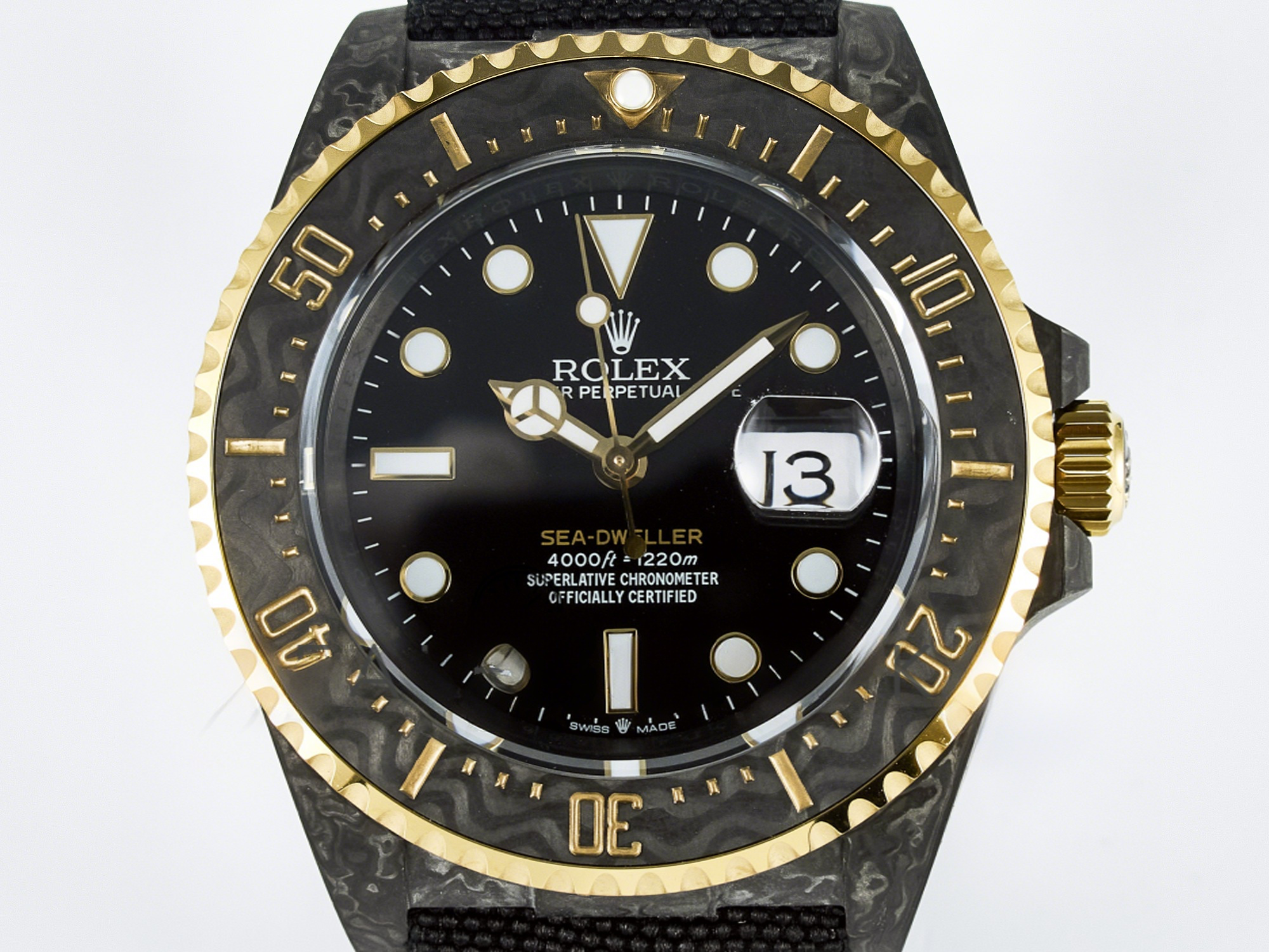 Rolex Sea Dweller 43mm Carbon DIWF Best Edition Black Dial YG Bezel on Black Nylon Strap A2824-fasswatch