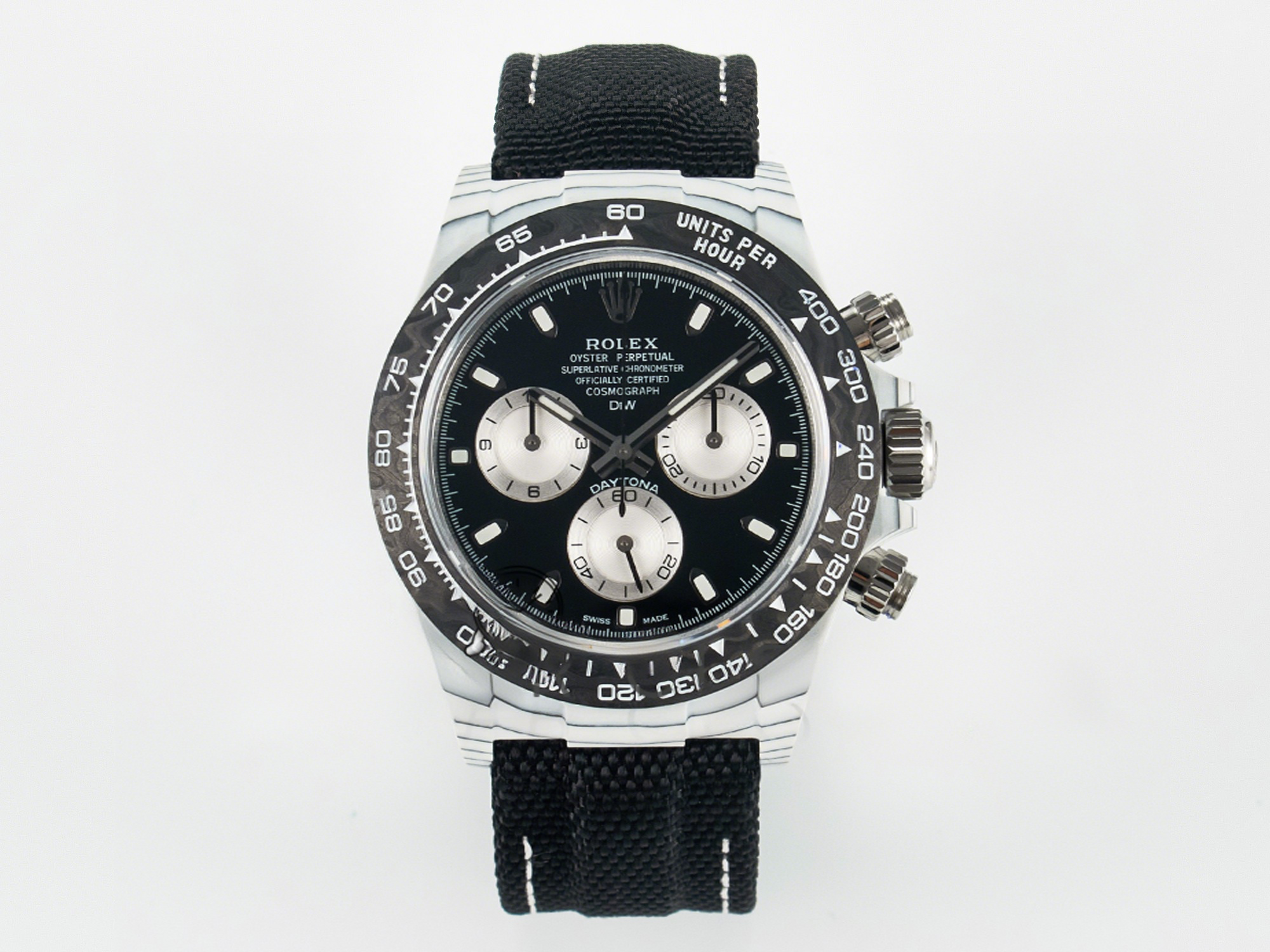 Rolex Daytona DIW White Carbon Case N6F Edition Black/White Dial on Black Nylon Strap A4130-fasswatch