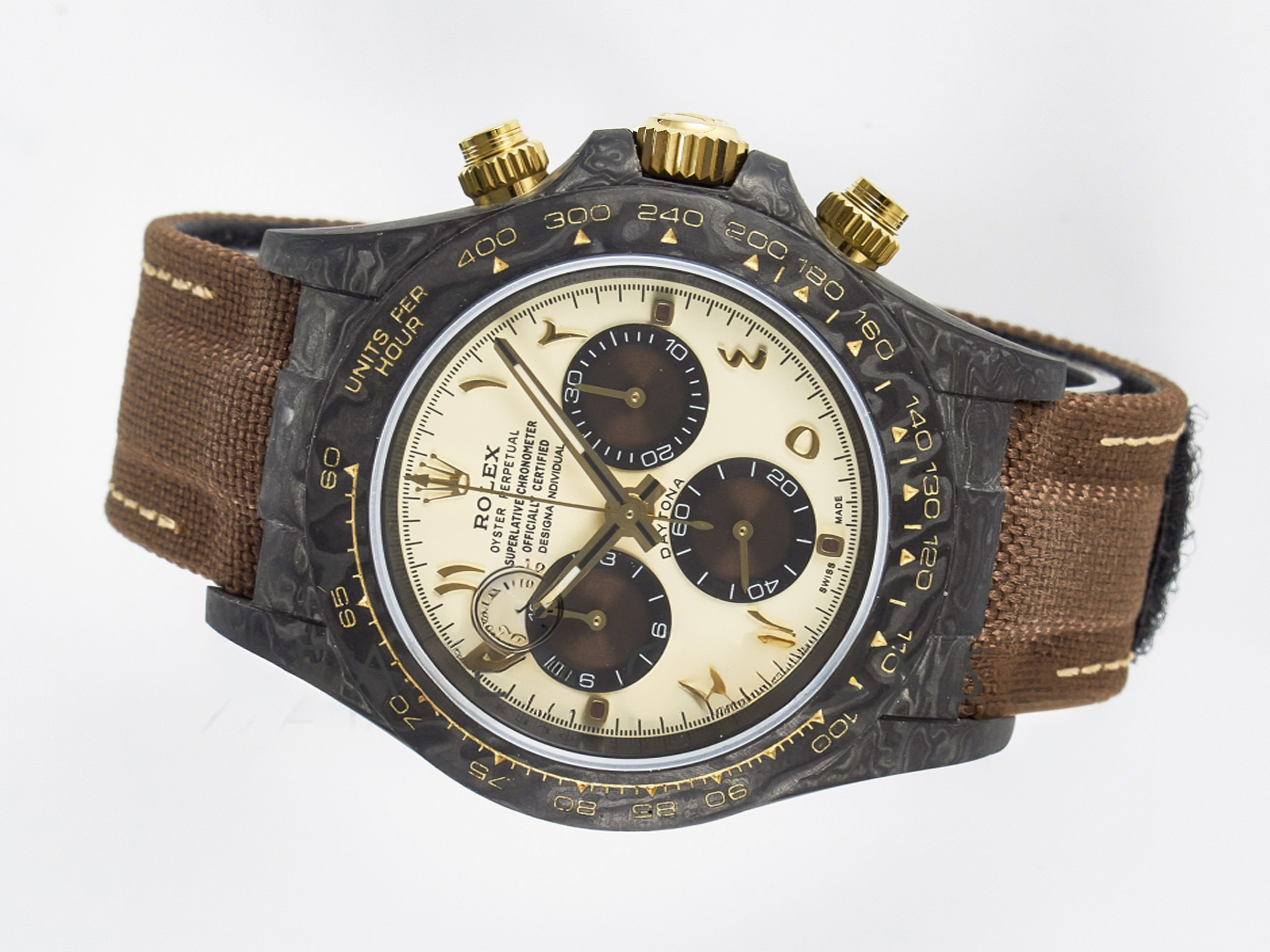 Rolex Daytona DIW Carbon Case and Bezel DIWF Edition Yellow Arabic Dial on Brown Nylon Strap A7750-fasswatch