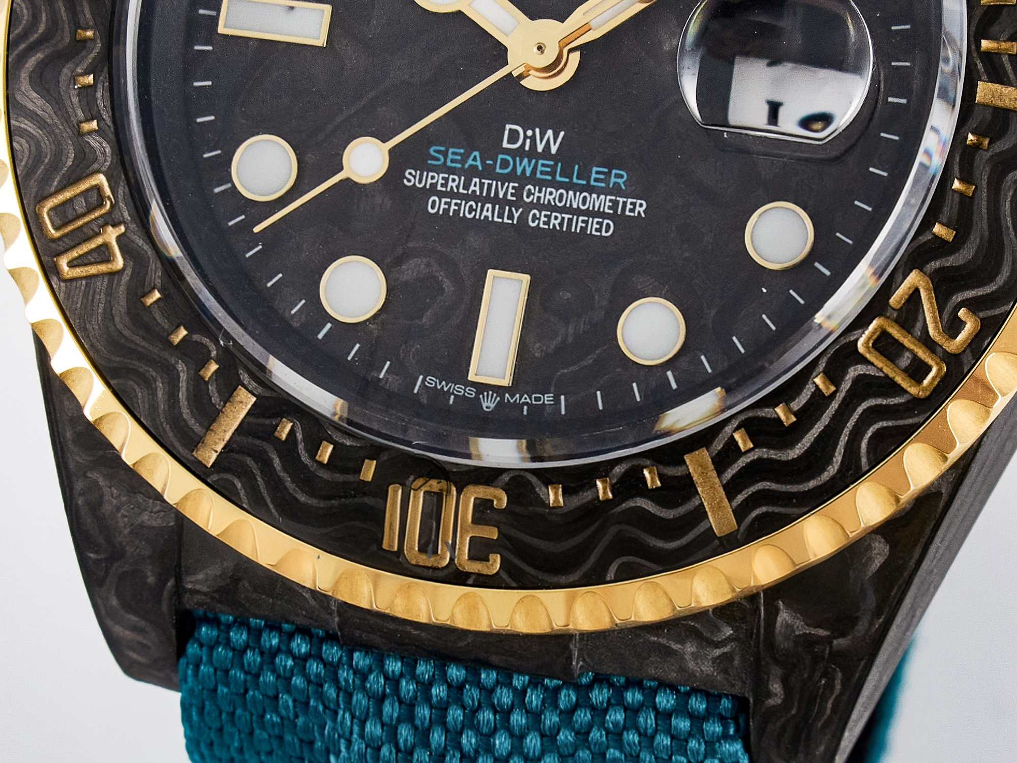 Rolex Sea Dweller 43mm Carbon DIWF Best Edition Black Dial YG Bezel on Blue Nylon Strap A2824-fasswatch