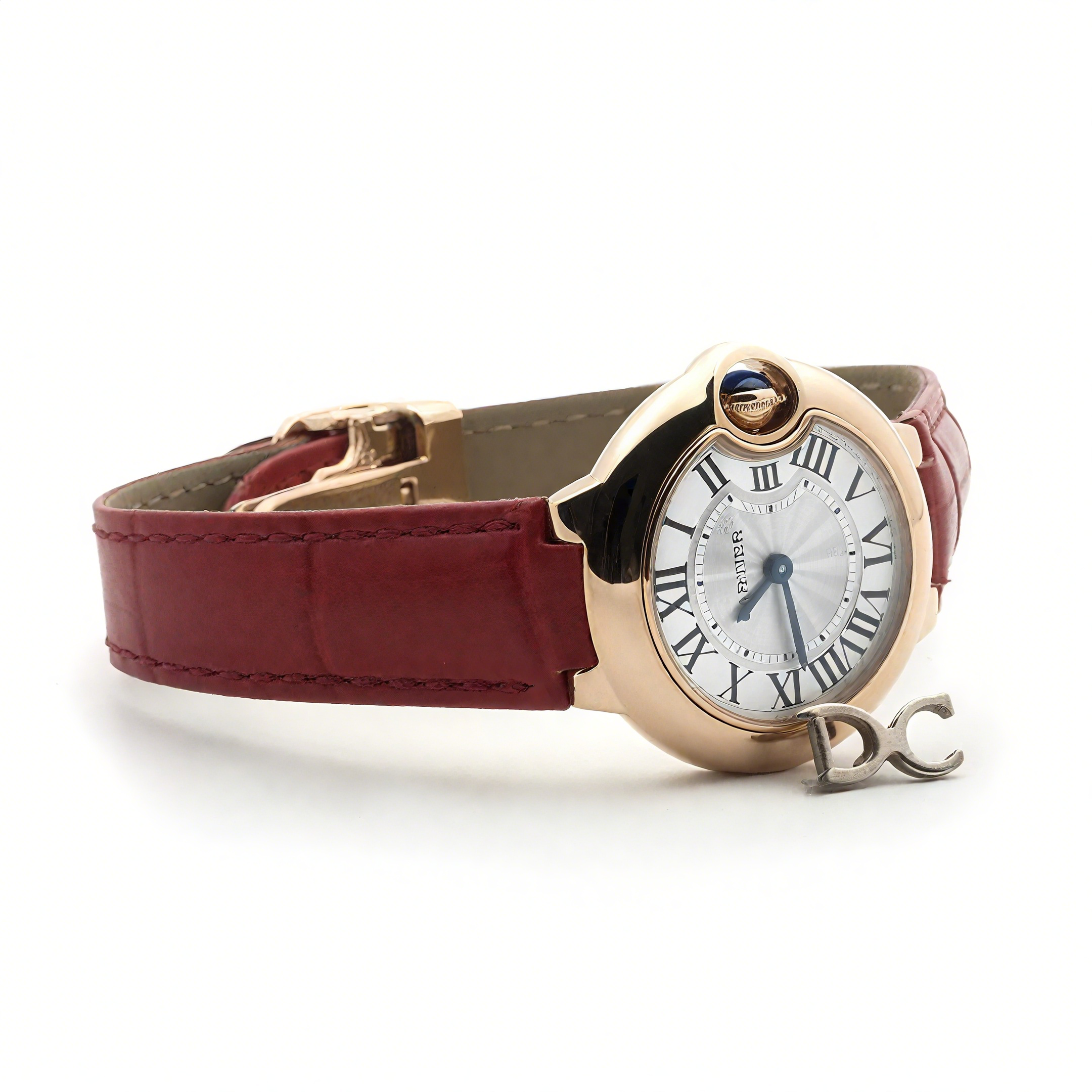 Ballon Bleu de Cartier 28mm White Dial in Gold on Red Leather Strap-fasswatch