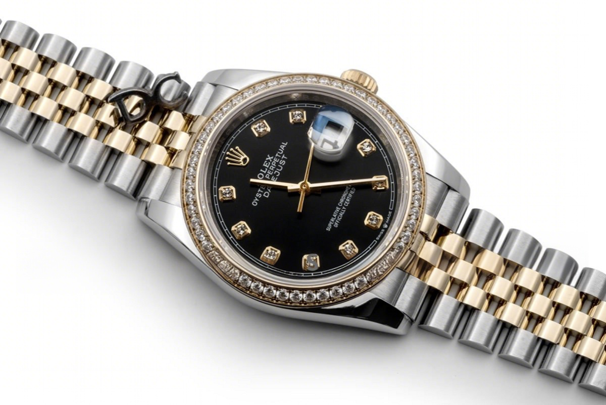 Rolex Datejust 36 126283RBR Black Dial in Yellow Gold and Steel with Diamond Set Bezel and Diamond Markers-fasswatch
