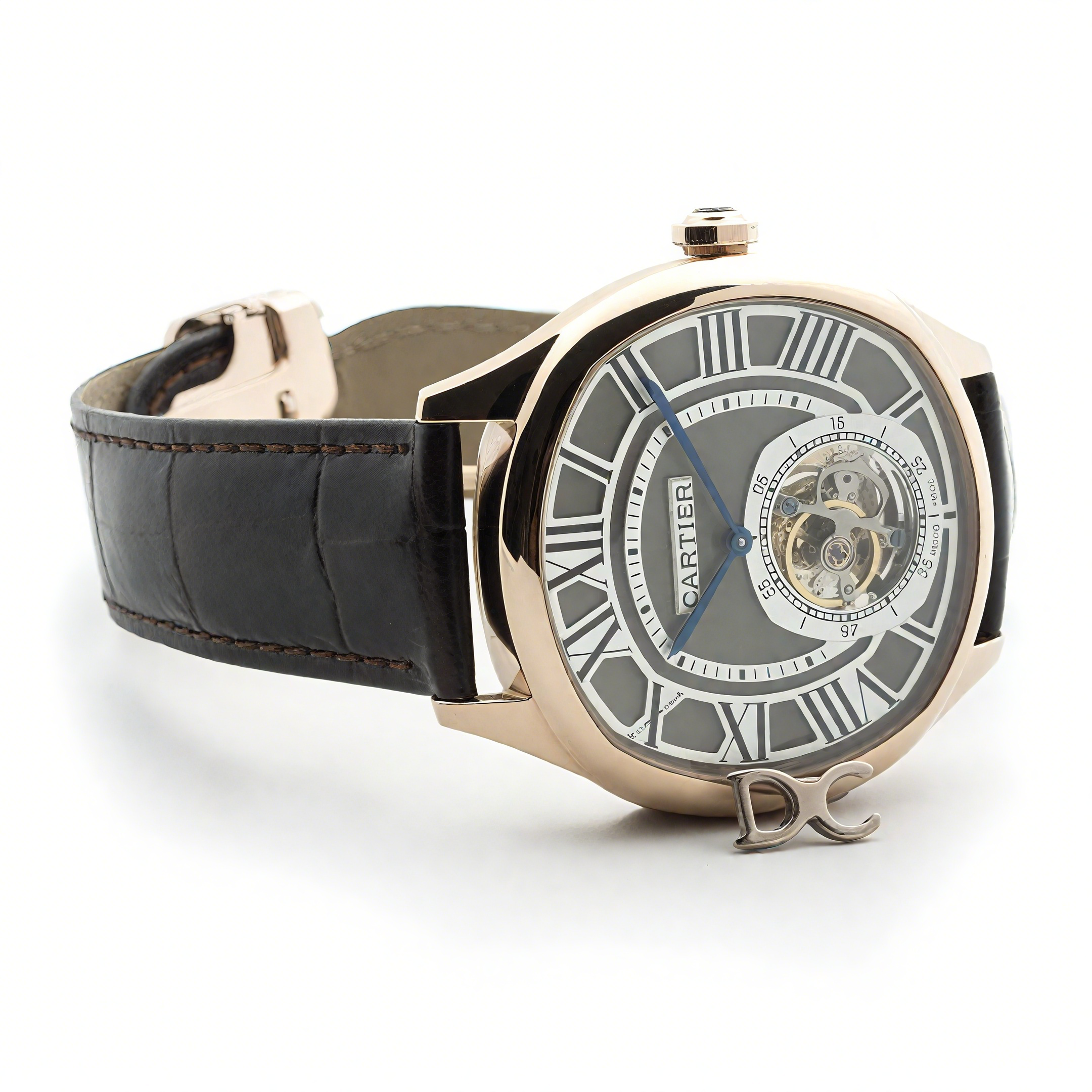 Cartier Drive de Cartier Tourbillon Grey Dial in Rose Gold on Black Leather Strap-fasswatch