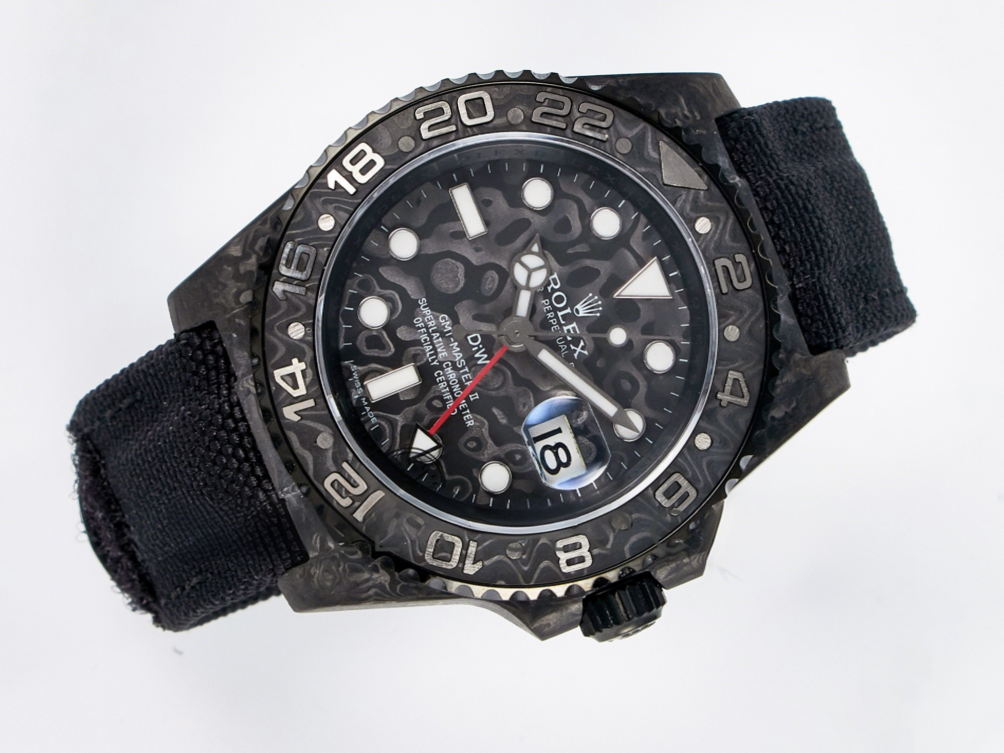 Rolex GMT Carbon DIWF Best Edition Black Carbon Dial SS Markers on Black Nylon Strap SA3285 CHS V2-fasswatch
