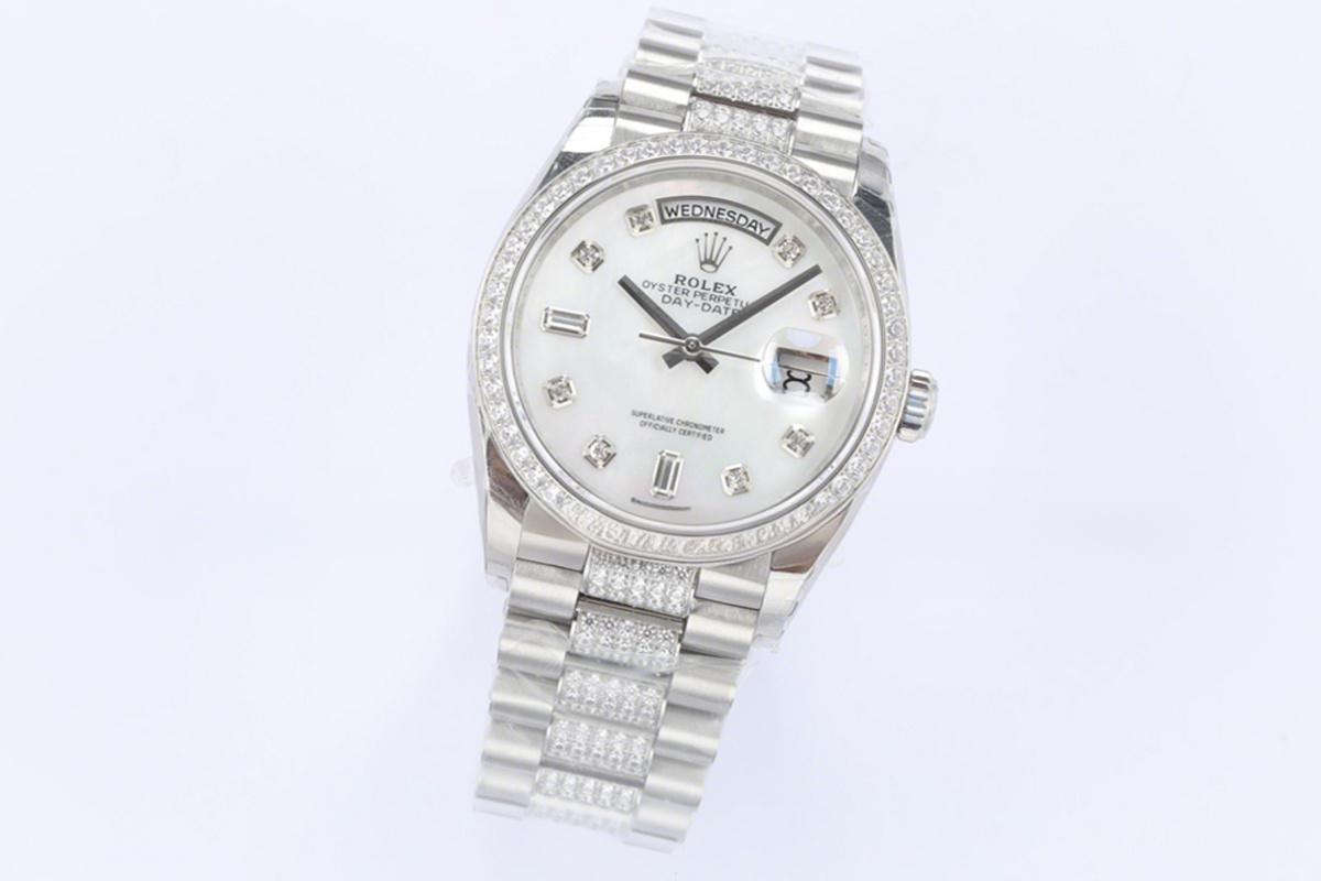 Rolex Day-Date 36 128349RBR MOP Dial with Diamond Bezel in White Gold-fasswatch