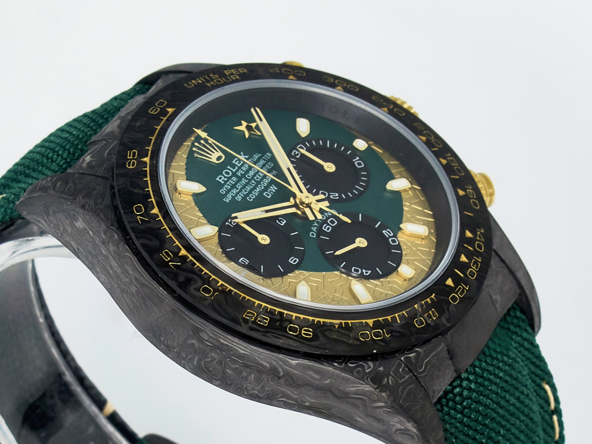 Rolex Daytona DIW Carbon Case and Bezel DIWF Edition Green/YG Dial on Green Nylon Strap A7750-fasswatch