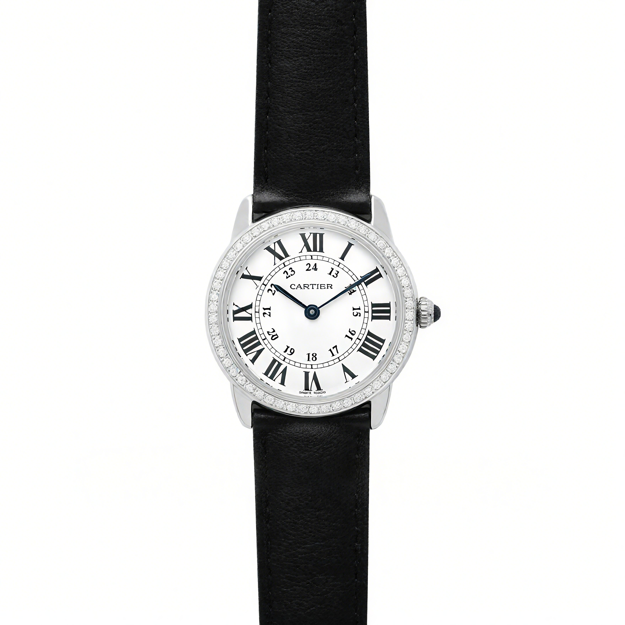 Cartier Ronde Louis Cartier Watch 29mm White Dial in White Gold on Black Leather Strap-fasswatch