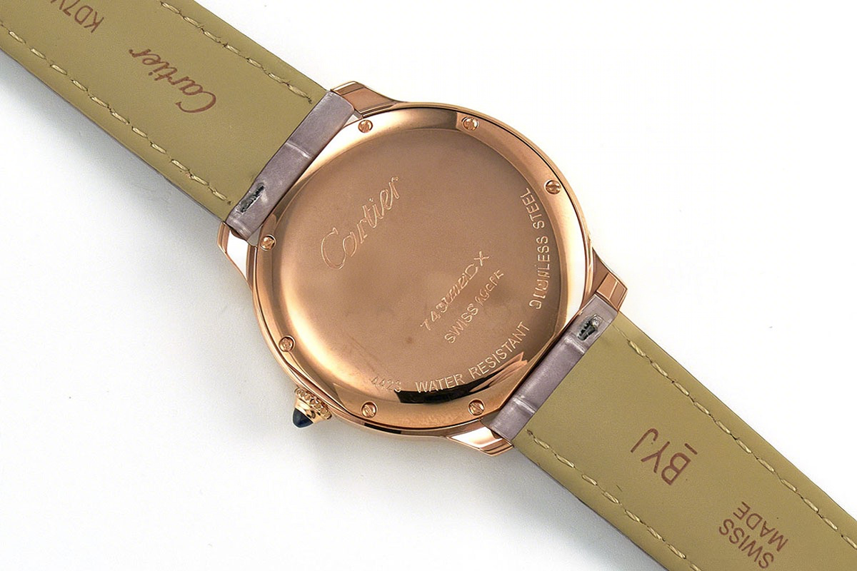 Cartier Ronde Must De Cartier 36mm White Dial in Rose Gold on Grey Leather Strap-fasswatch