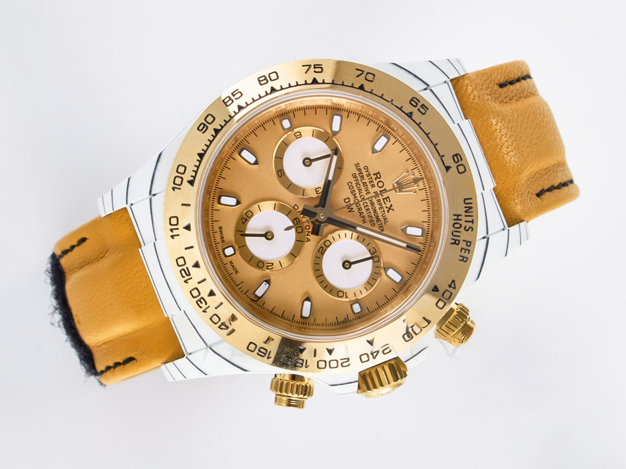 Rolex Daytona DIW White Carbon Case YG Bezel DIWF Edition YG Dial on Brown Leather Strap A7750-fasswatch