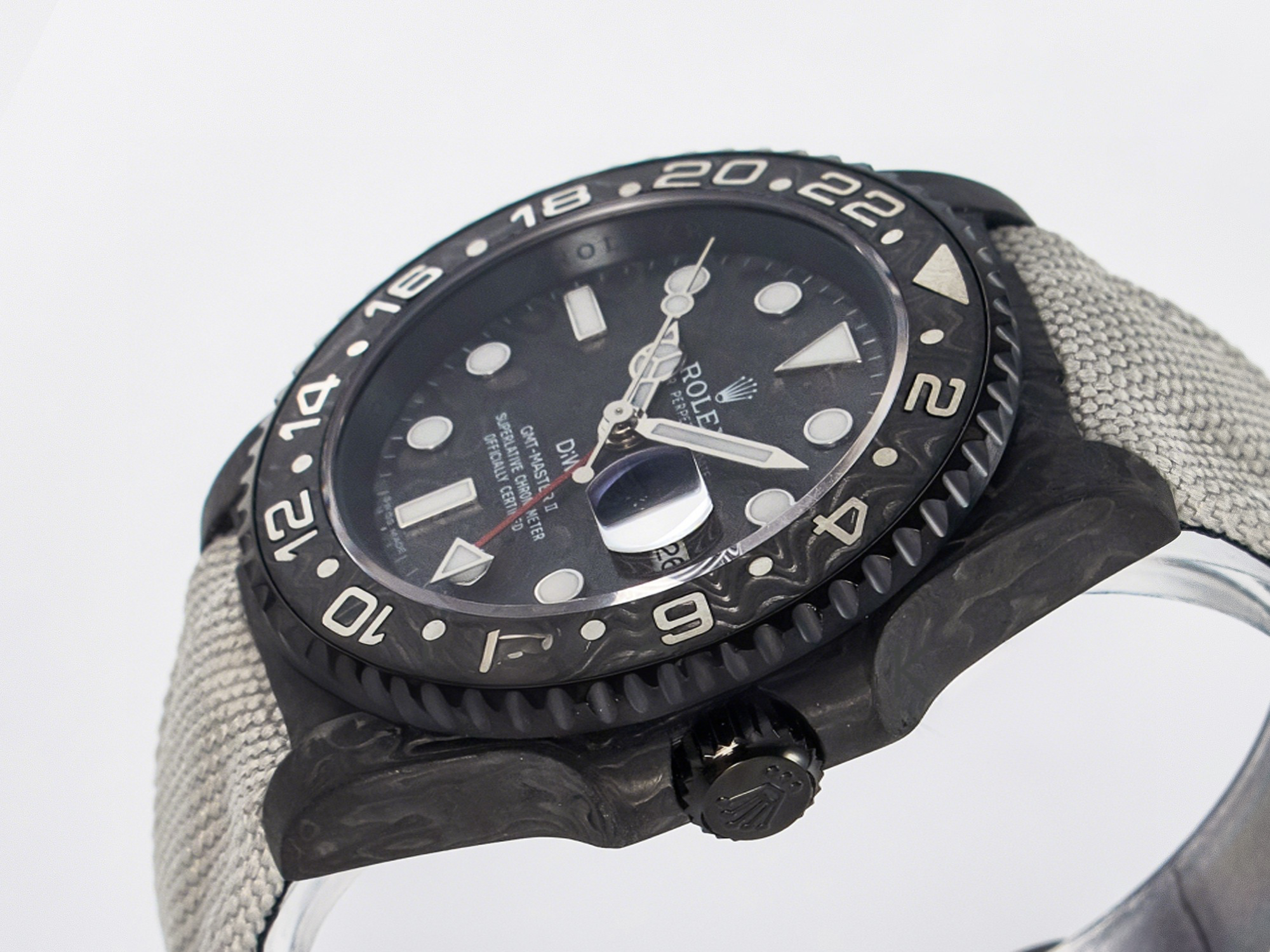 Rolex GMT Carbon DIWF Best Edition Black Carbon Dial SS Markers on White Nylon Strap SA3285 CHS V2-fasswatch