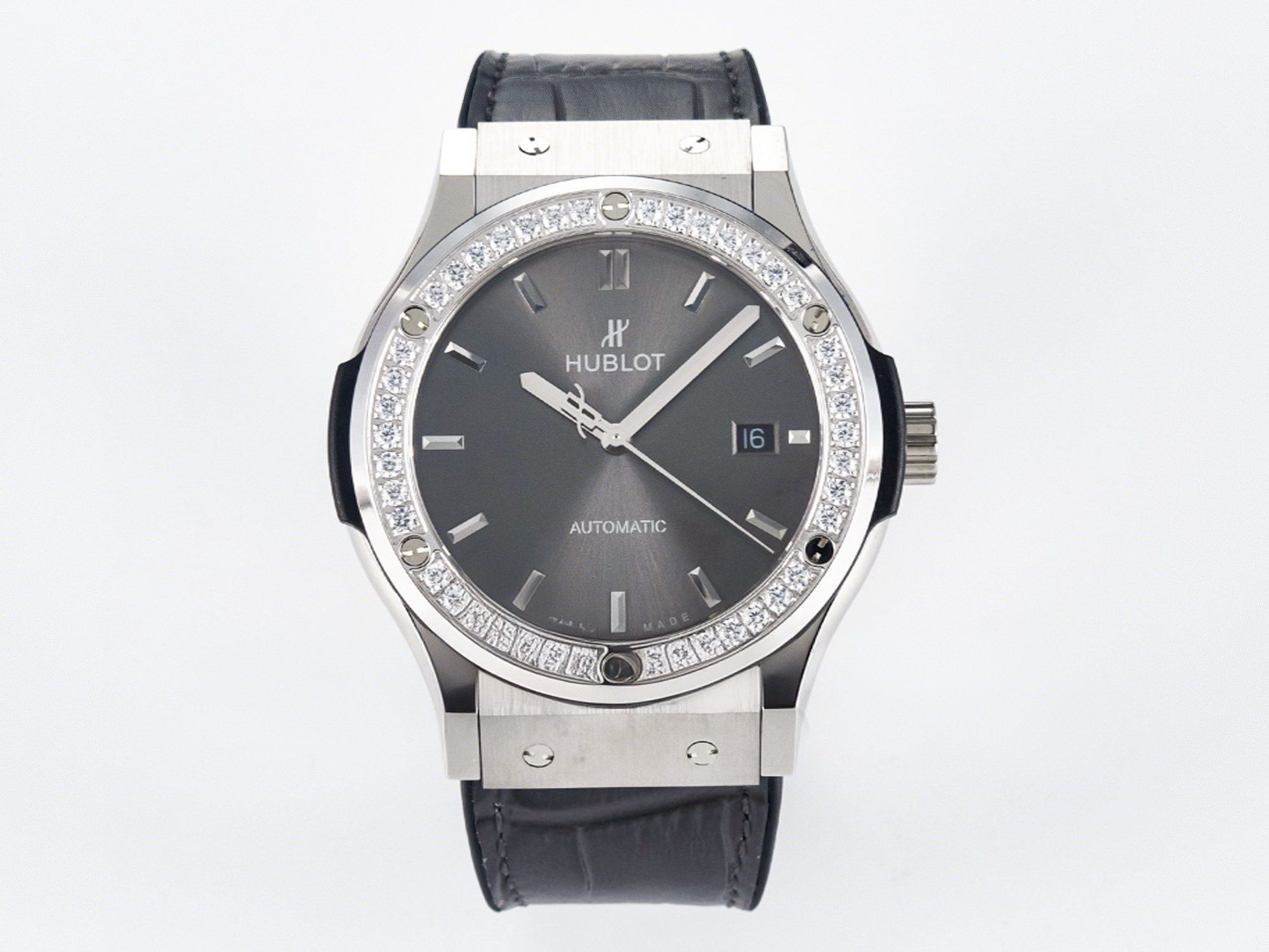 Hublot Classic Fusion Bang 42mm HBF 1:1 Best Edition Gray Dial Diamonds Bezel on Gray Leather Strap A2892-fasswatch