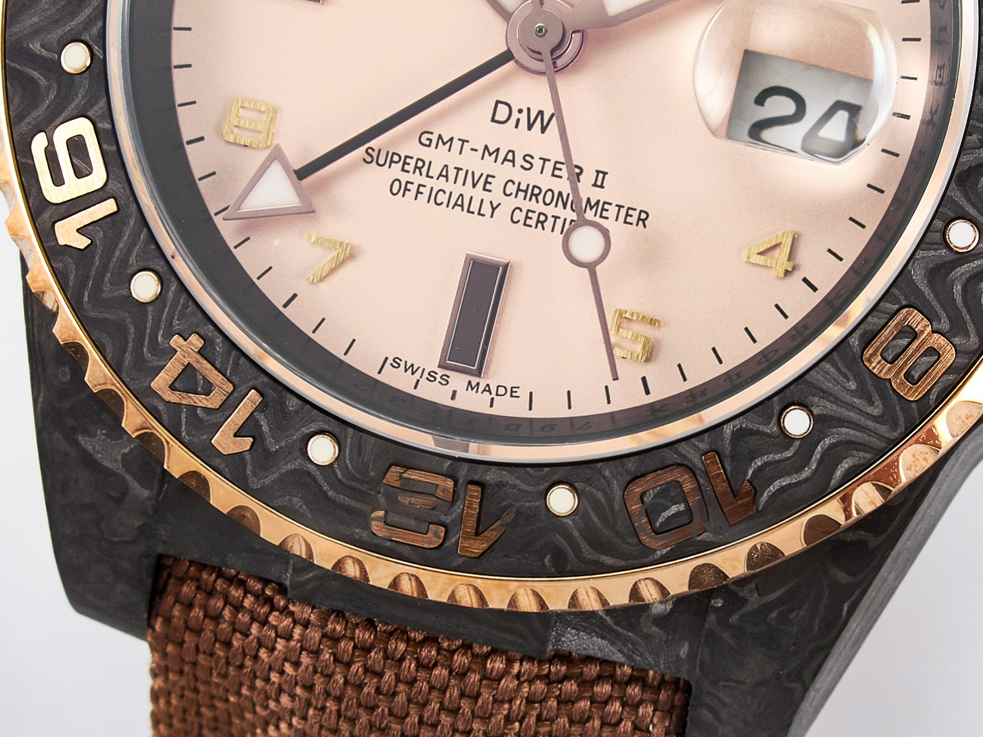 Rolex GMT Carbon DIWF Best Edition Yellow Roman Dial on Brown Nylon Strap SA3285 CHS V2-fasswatch