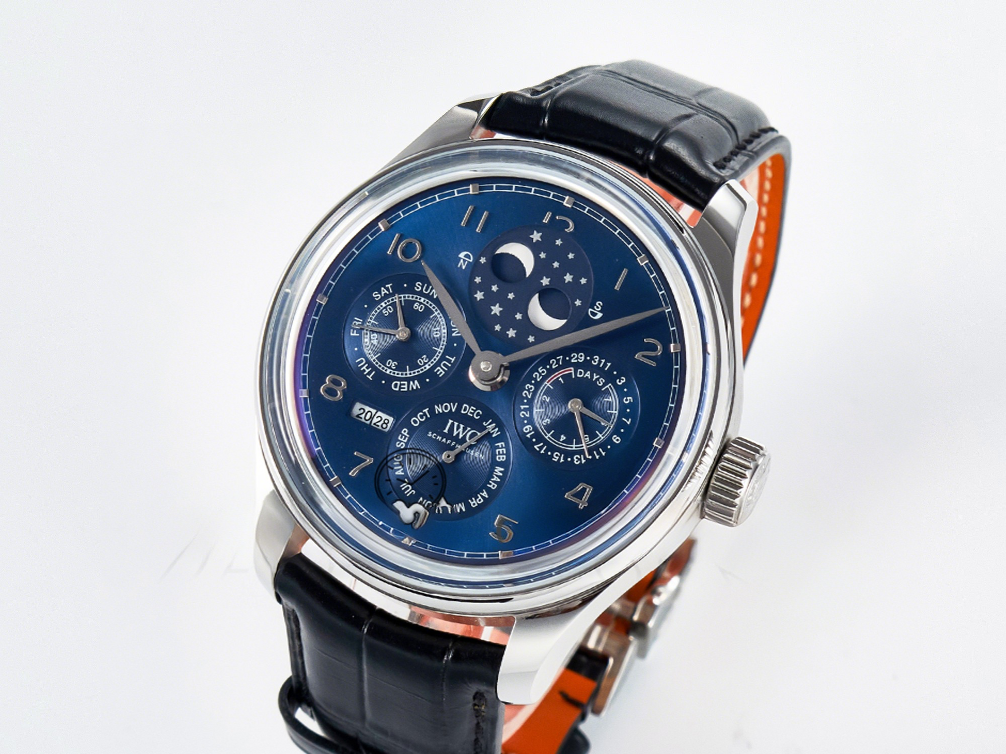 IWC IW5034 Portugieser Perpetual Calendar SS V9F 1:1 Best Edition Blue Dial on Black Leather Strap A52610-fasswatch
