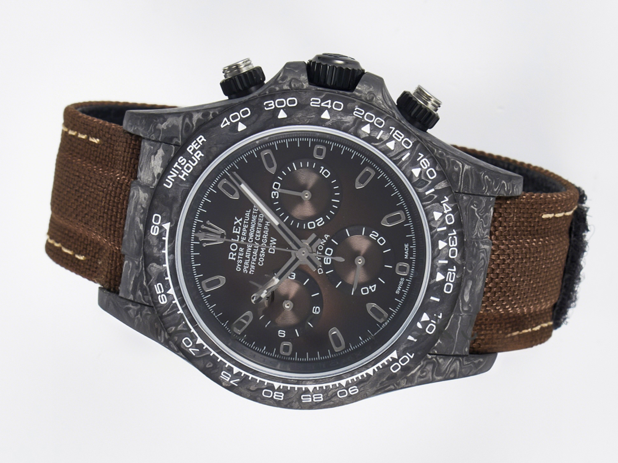 Rolex Daytona DIW Carbon/SS Case and Bezel DIWF Edition Brown Dial on Brown Nylon Strap A7750-fasswatch