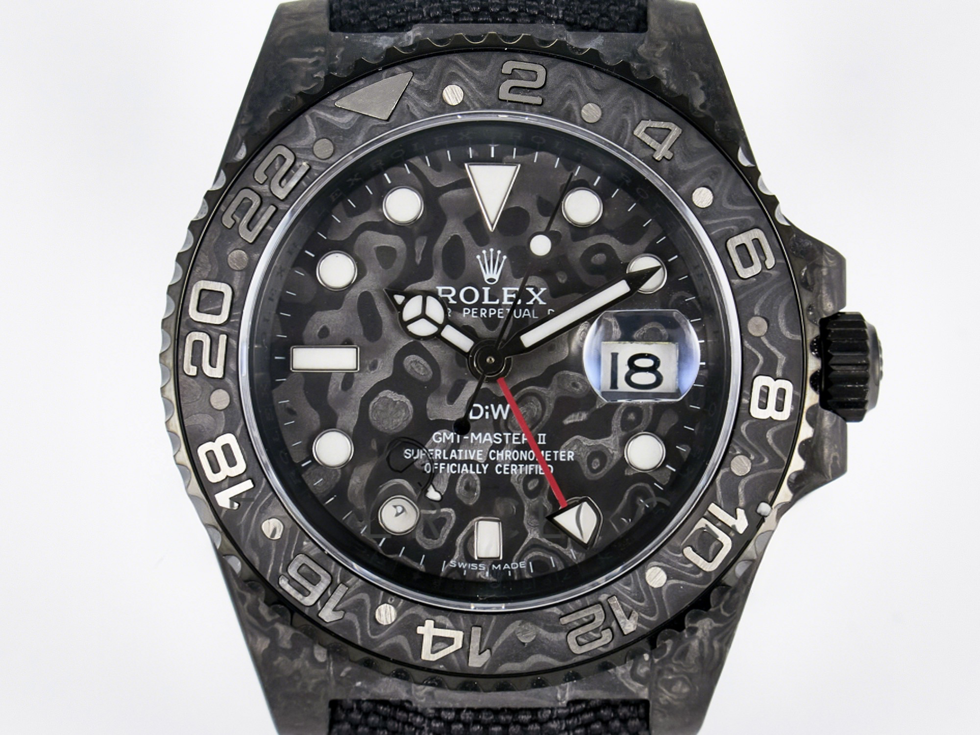 Rolex GMT Carbon DIWF Best Edition Black Carbon Dial SS Markers on Black Nylon Strap SA3285 CHS V2-fasswatch