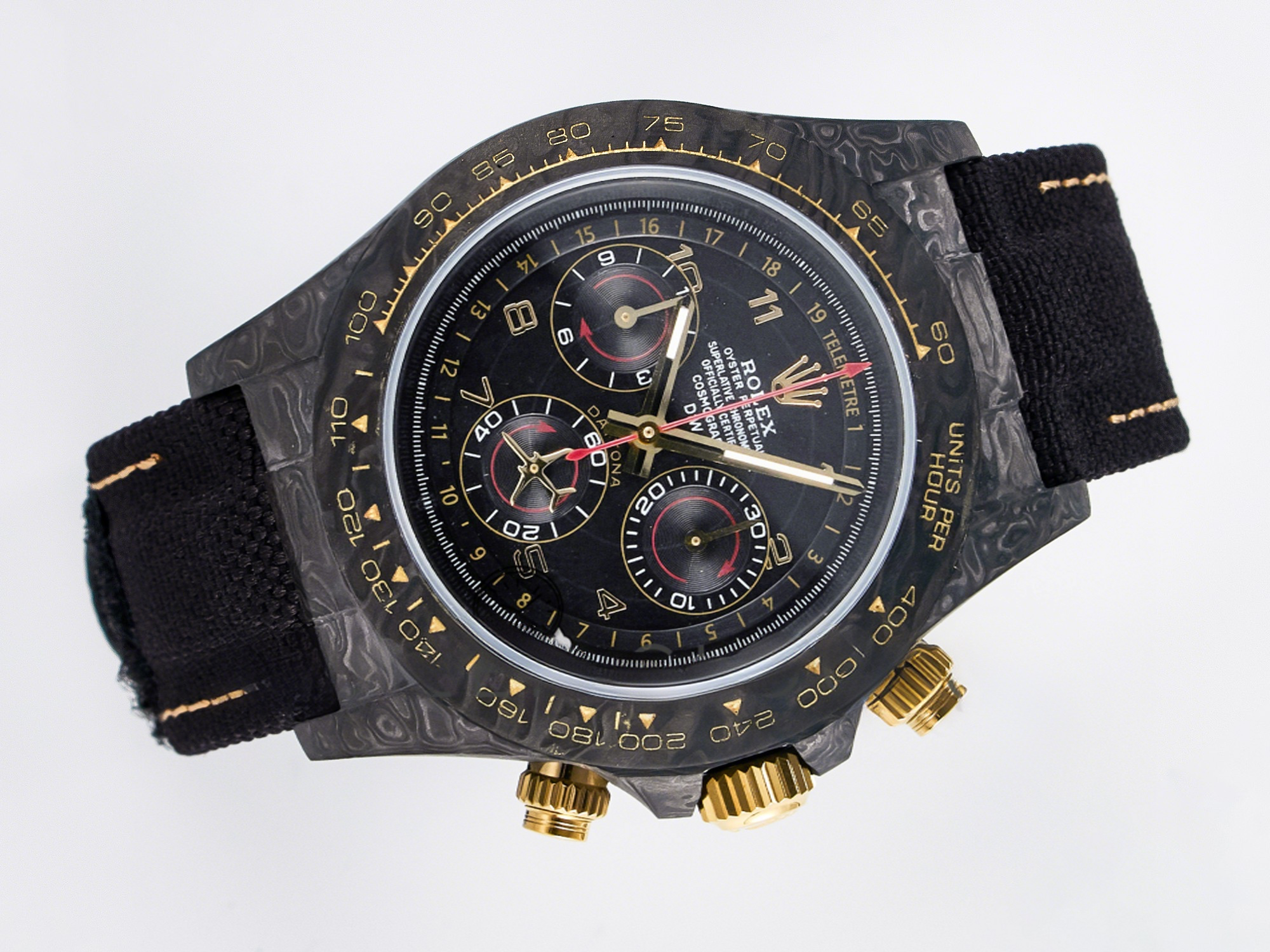 Rolex Daytona DIW “AVIA BLACK” Carbon DIWF 1:1 Best Edition Black/Red Dial on Black/Yellow Nylon Strap SH4130-fasswatch