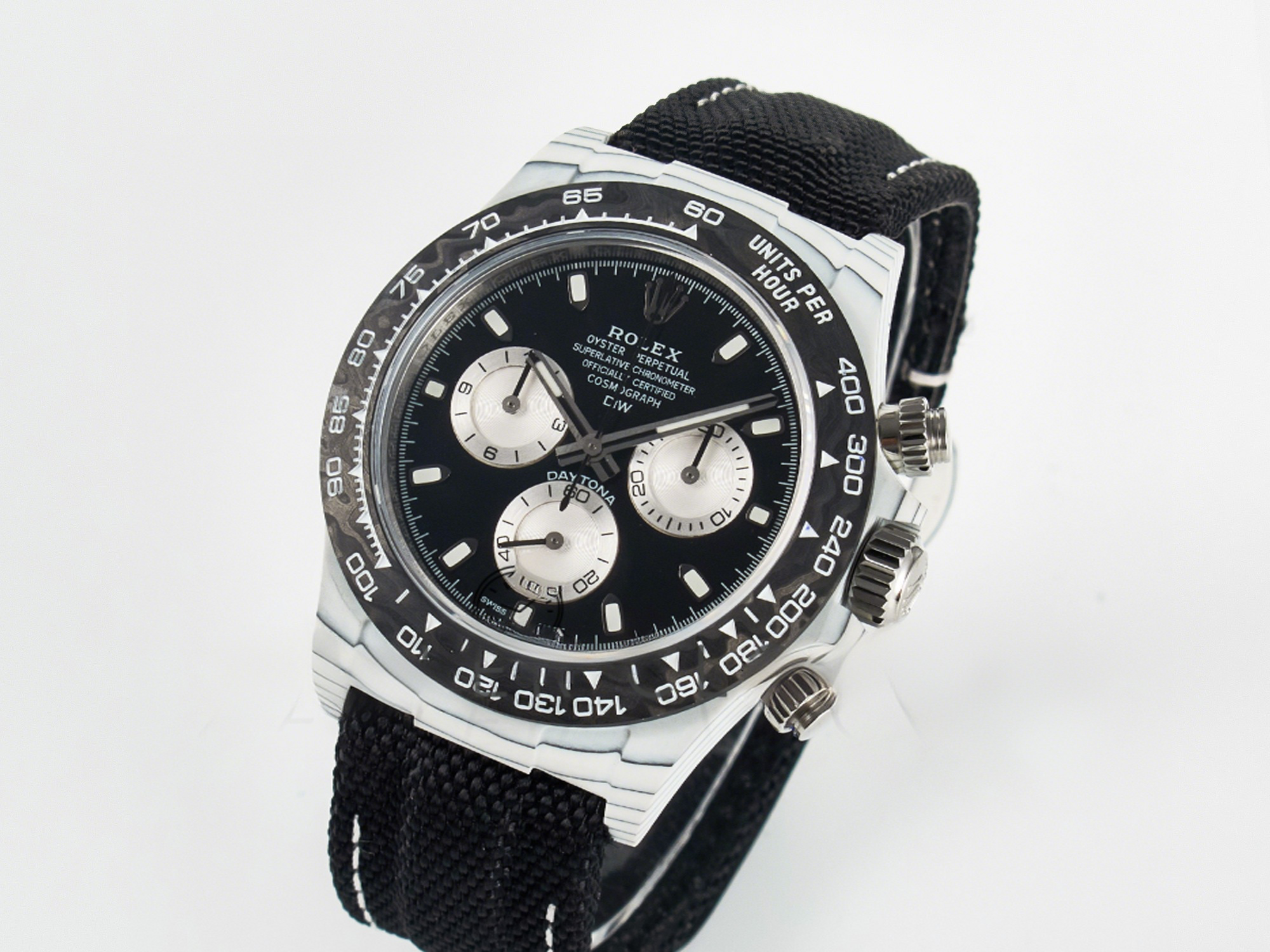 Rolex Daytona DIW White Carbon Case N6F Edition Black/White Dial on Black Nylon Strap A4130-fasswatch