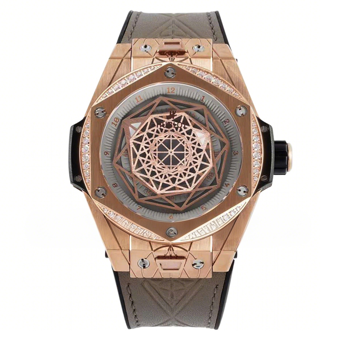 Hublot Big Bang Unico Sang Bleu in Rose Gold with Diamond Bezel on Brown Leather Strap-fasswatch