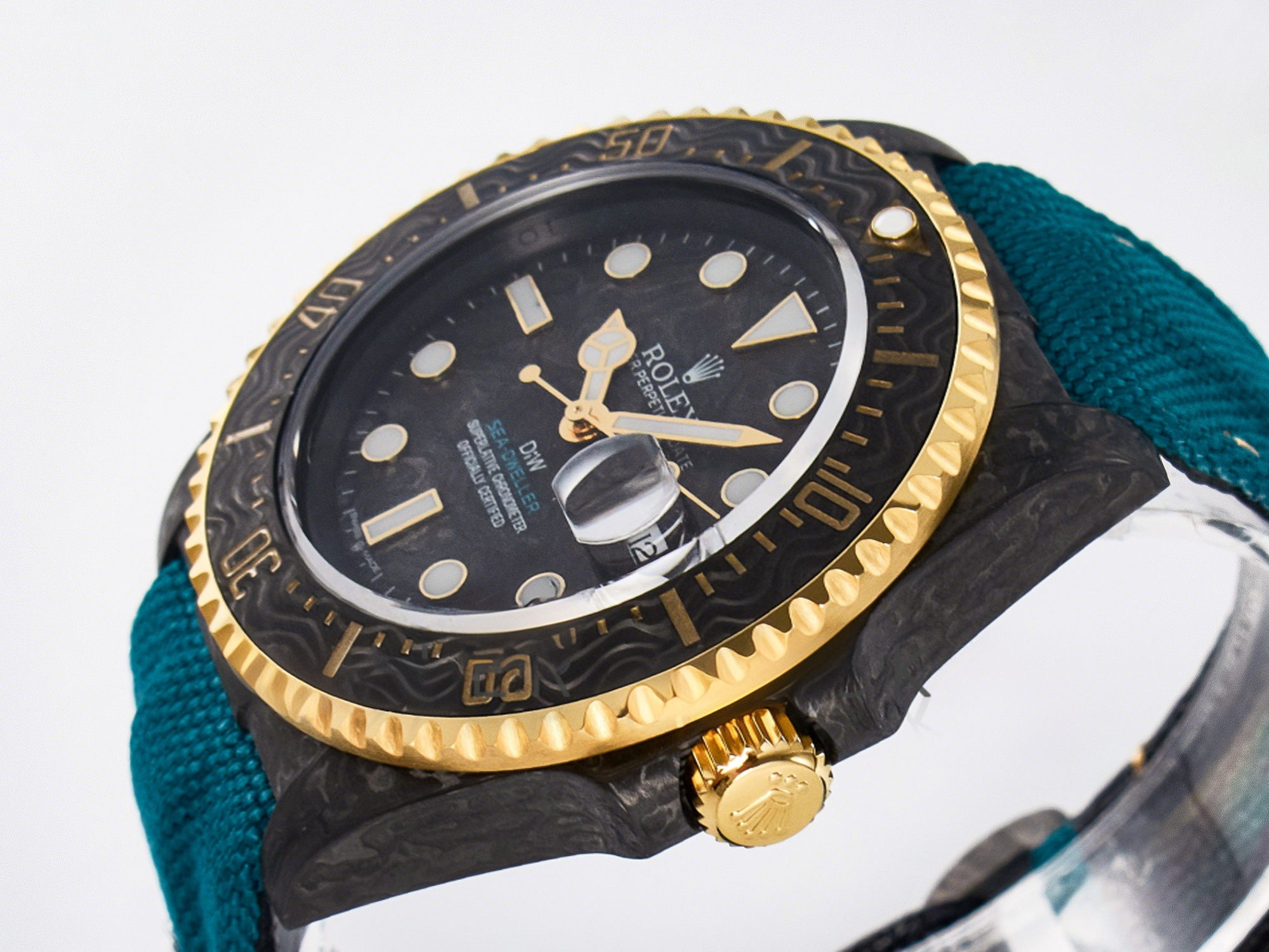 Rolex Sea Dweller 43mm Carbon DIWF Best Edition Black Dial YG Bezel on Blue Nylon Strap A2824-fasswatch