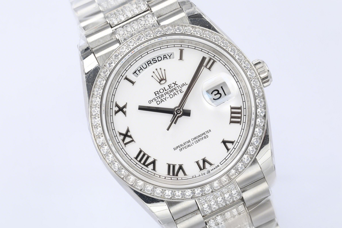 Rolex Day-Date 36 128349RBR White Dial with Diamond Bezel in White Gold-fasswatch