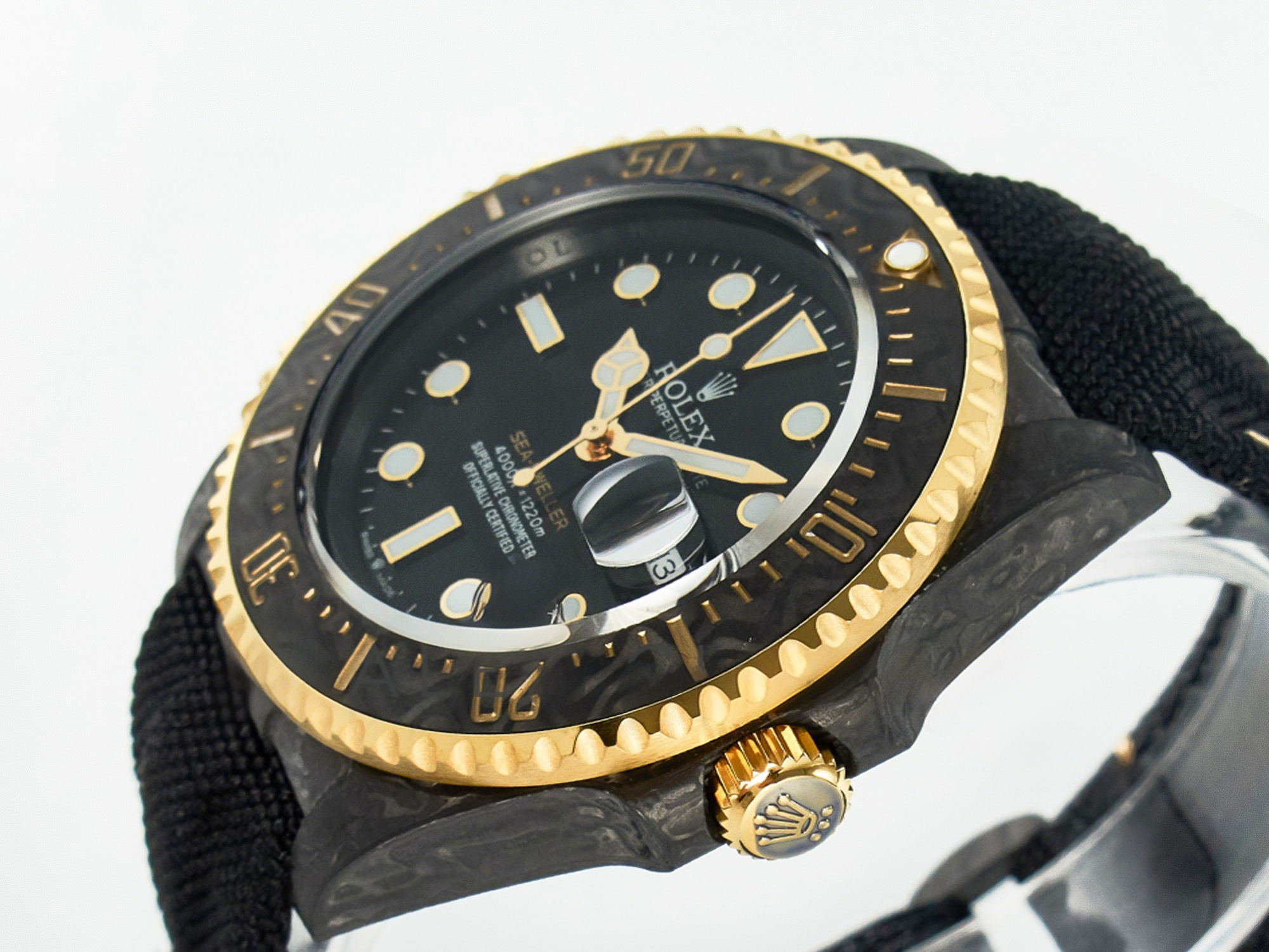 Rolex Sea Dweller 43mm Carbon DIWF Best Edition Black Dial YG Bezel on Black Nylon Strap A2824-fasswatch