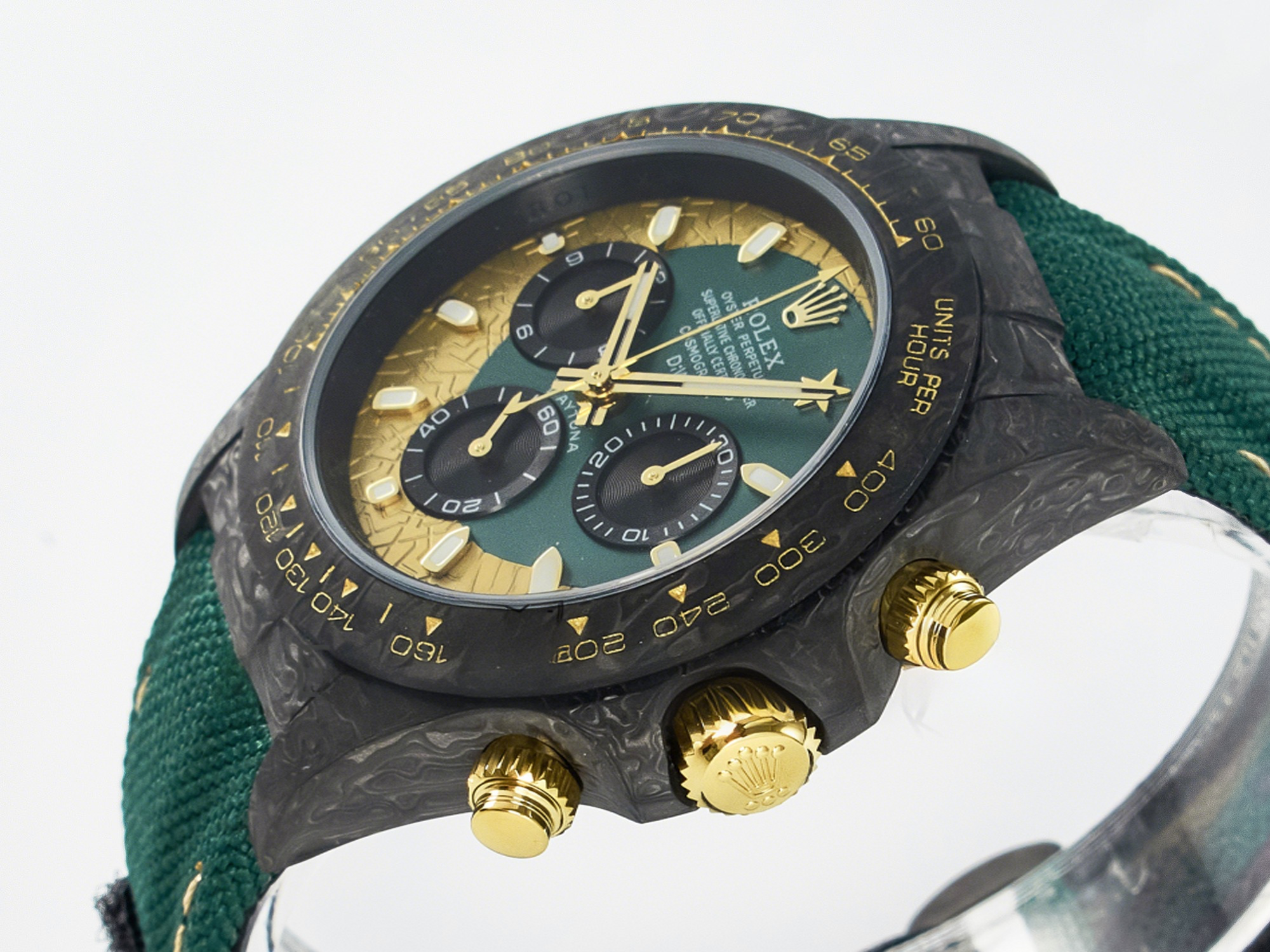 Rolex Daytona DIW Carbon Case and Bezel DIWF Edition Green/YG Dial on Green Nylon Strap A7750-fasswatch