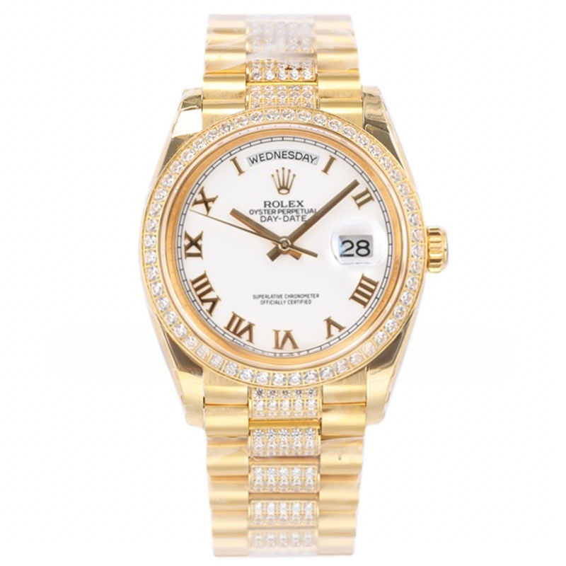 Rolex Day-Date 36 128348RBR White Dial with Diamond Bezel in Yellow Gold-fasswatch