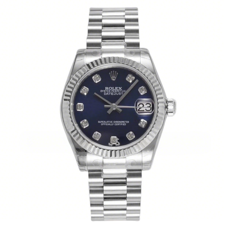 Rolex Datejust 31 Blue Dial Diamond Markers in Steel on President Bracelet-fasswatch