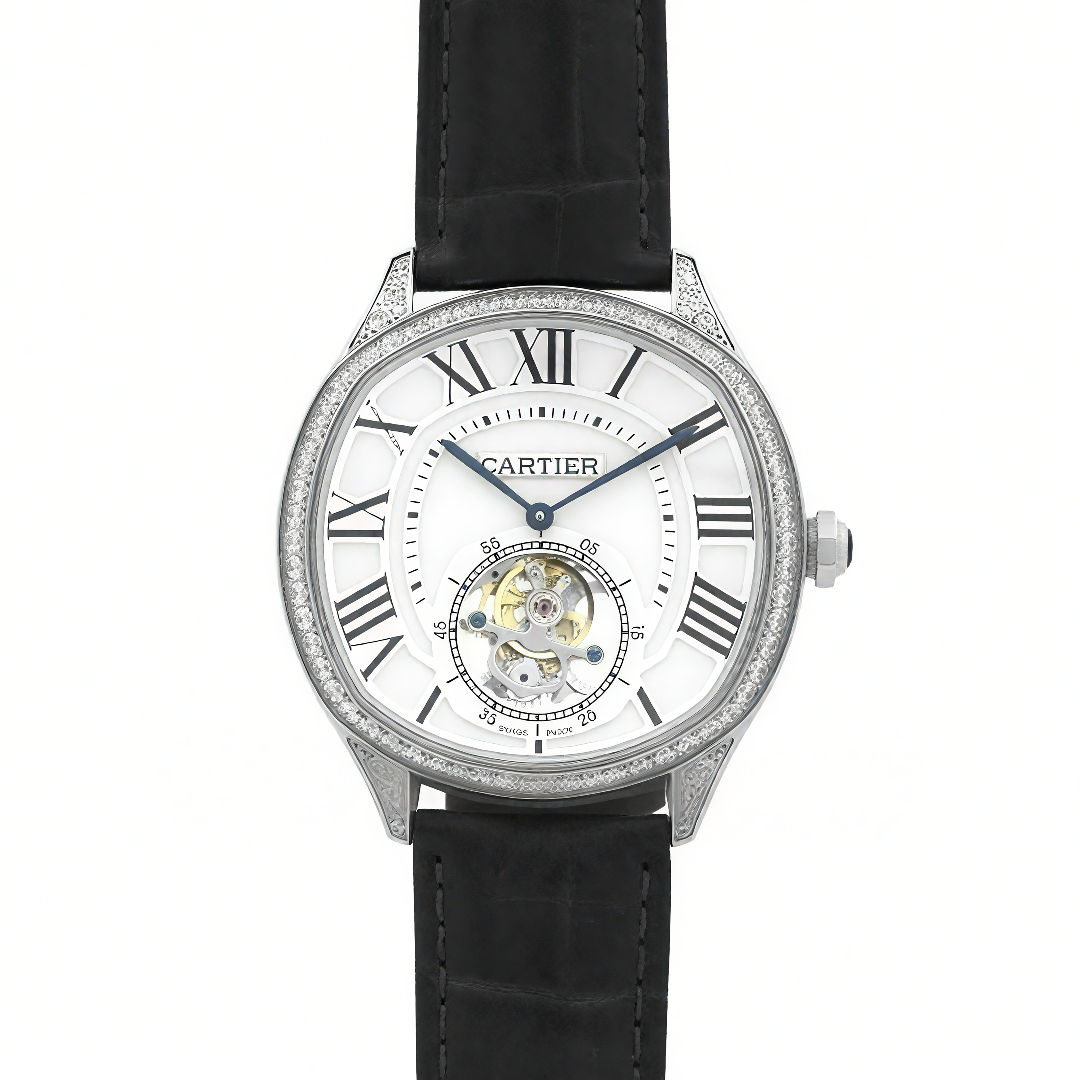 Drive de Cartier Tourbillon White Dial with Diamond Bezel in White Gold on Black Leather Strap-fasswatch
