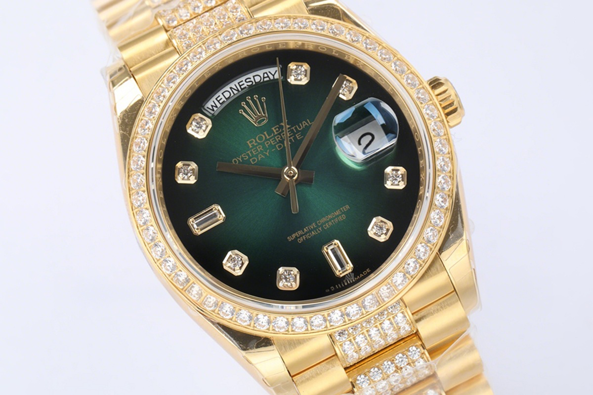 Rolex Day-Date 36 128348RBR Green Dial with Diamond Bezel in Yellow Gold-fasswatch