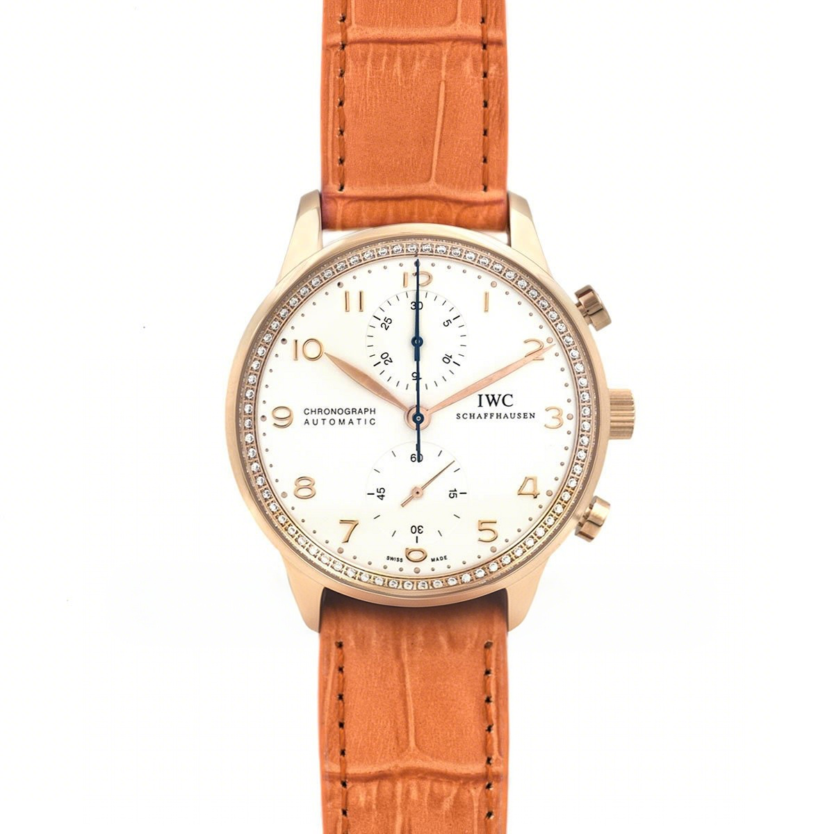 IWC Portugieser Chronograph Automatic White Dial in Rose Gold on Orange Leather Strap-fasswatch
