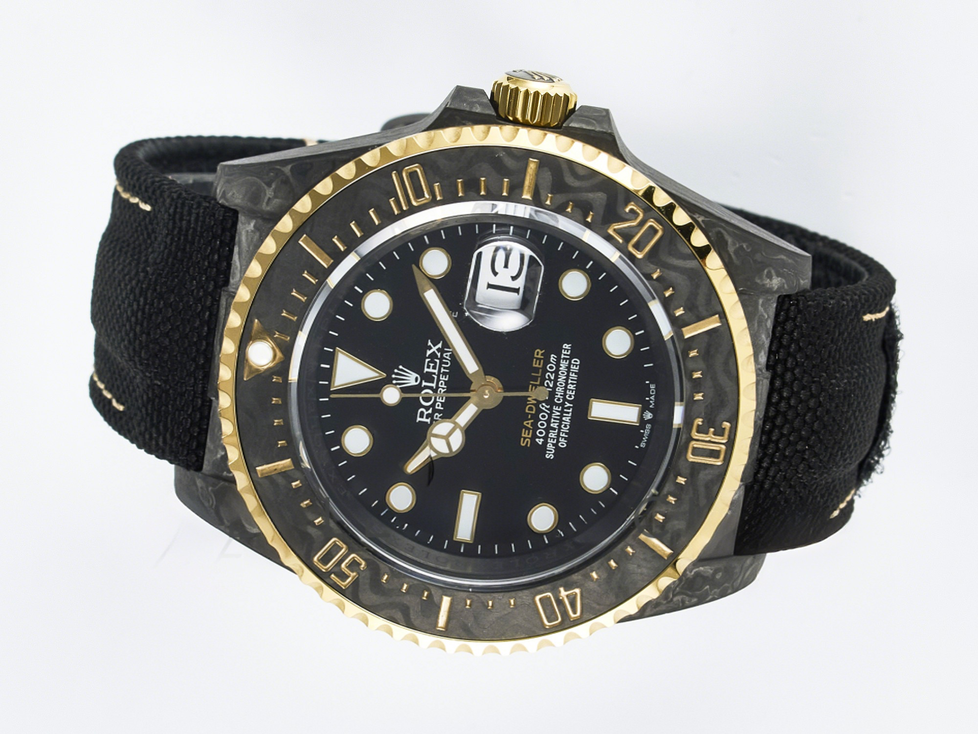 Rolex Sea Dweller 43mm Carbon DIWF Best Edition Black Dial YG Bezel on Black Nylon Strap A2824-fasswatch